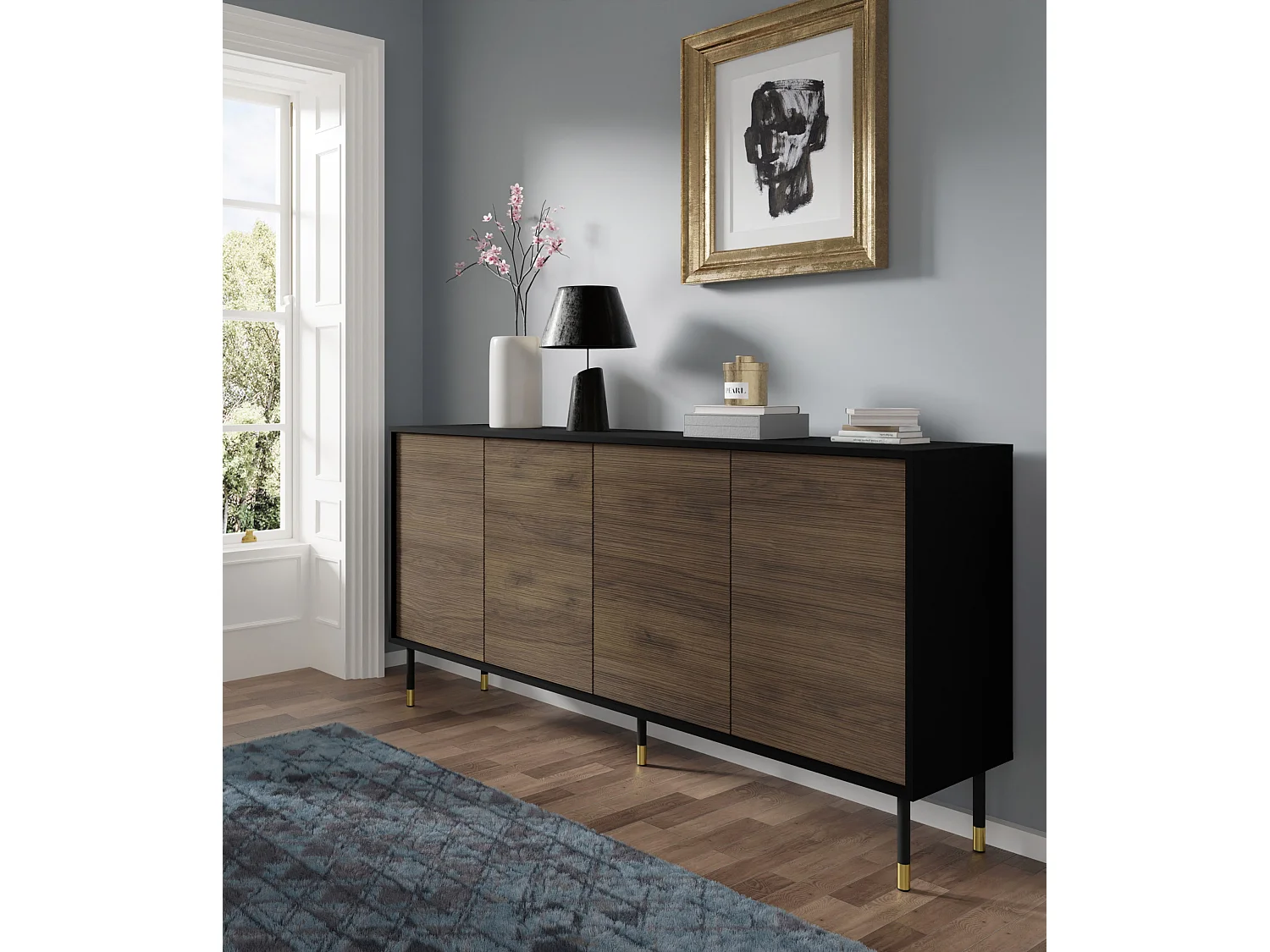 Ladenkast SHERWOOD 4D 180 cm gefreesd op poten mat zwart / catania-eik