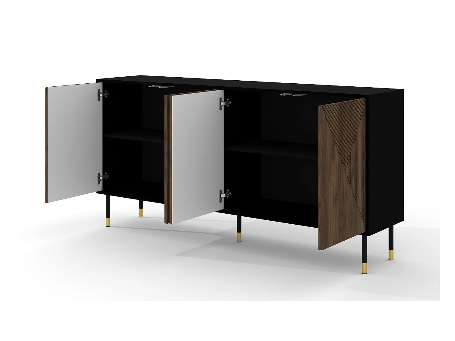 Commode WOODY IV Buffet 4D 180 cm fraisée sur pieds noir mat / chêne catania