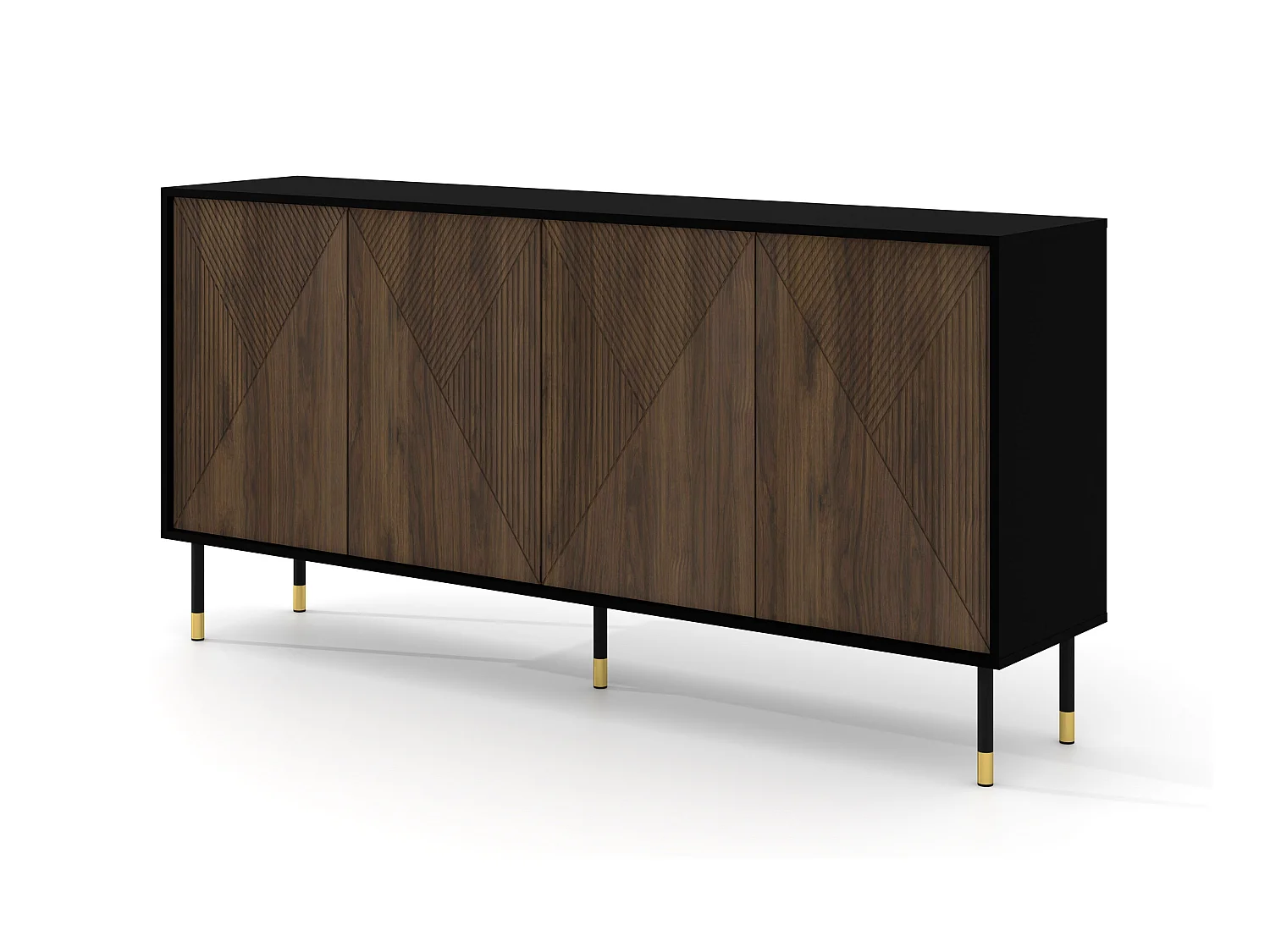 Commode WOODY IV Buffet 4D 180 cm fraisée sur pieds noir mat / chêne catania
