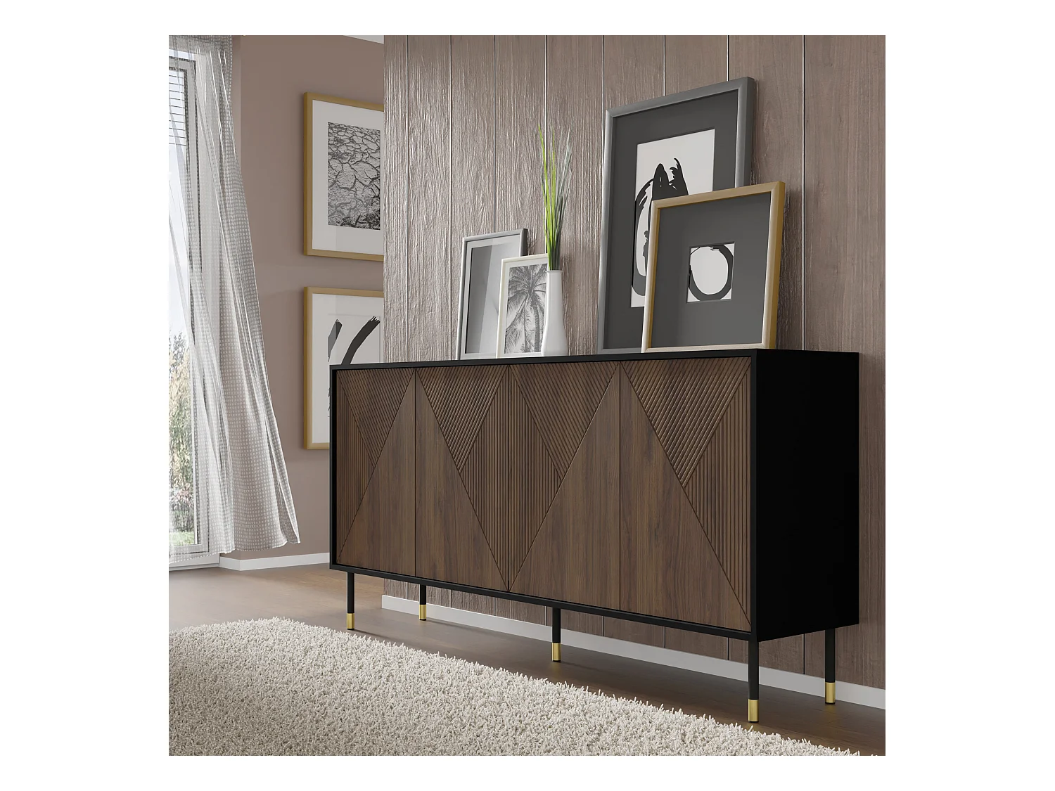 Cómoda WOODY IV 4D 180 cm fresado sobre patas negro mate / roble catania