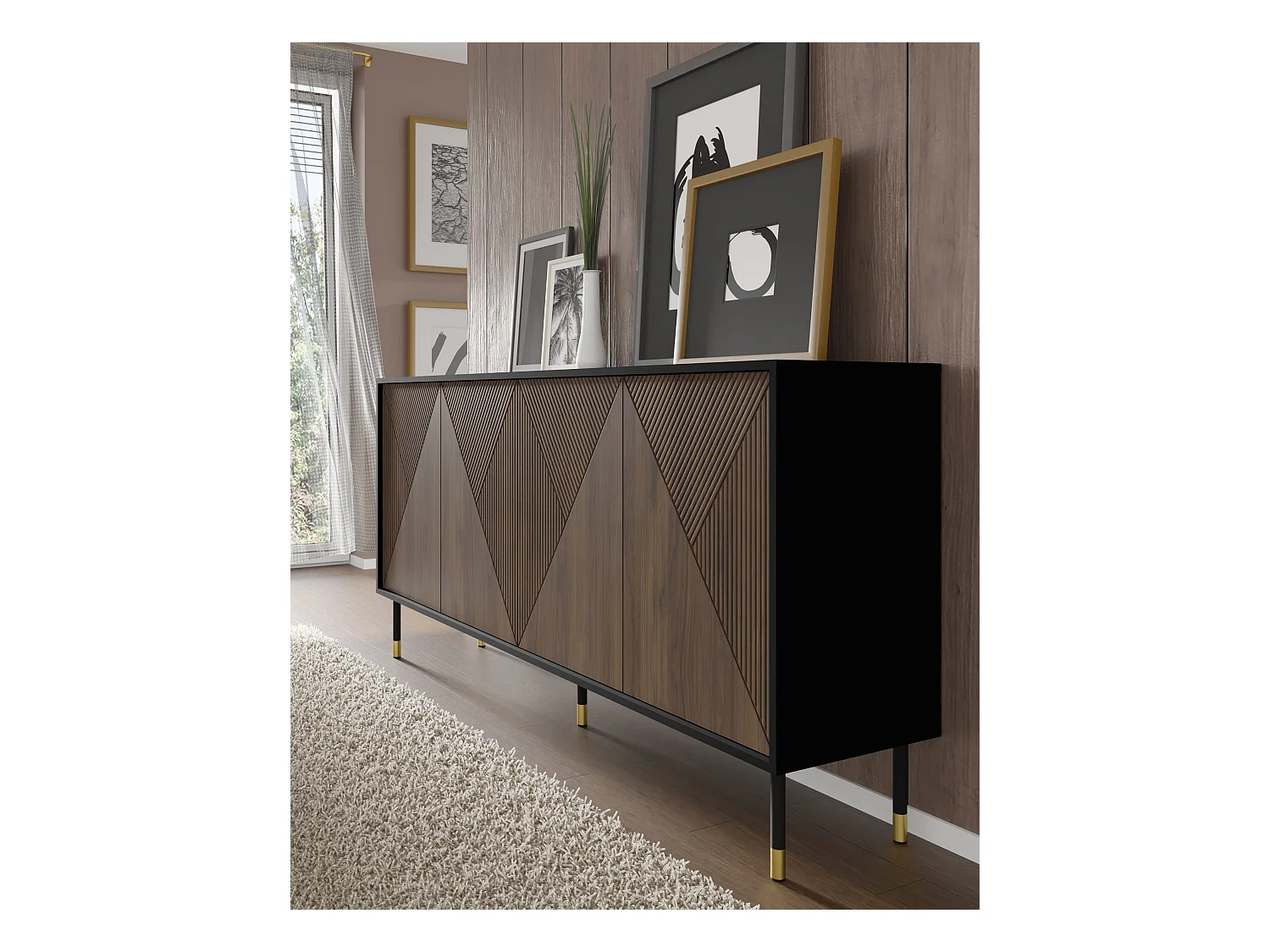 Cómoda WOODY IV 4D 180 cm fresado sobre patas negro mate / roble catania