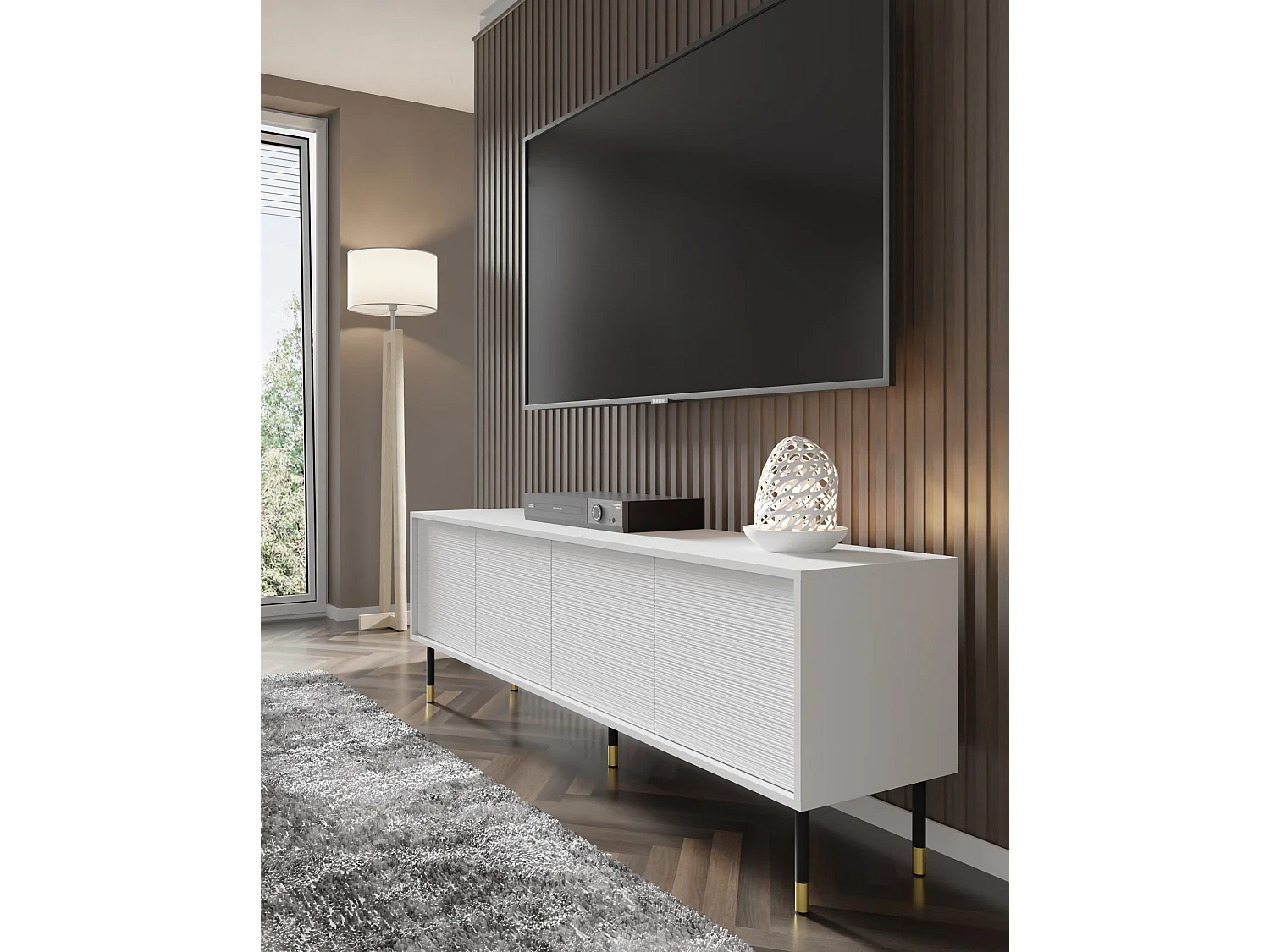 TV-Möbel SHERWOOD 4D 180 cm gefräst auf Beinen Weiß Matt