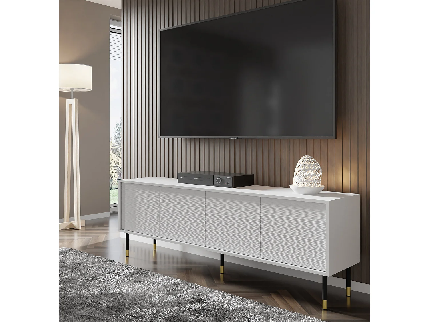 TV-Möbel SHERWOOD 4D 180 cm gefräst auf Beinen Weiß Matt