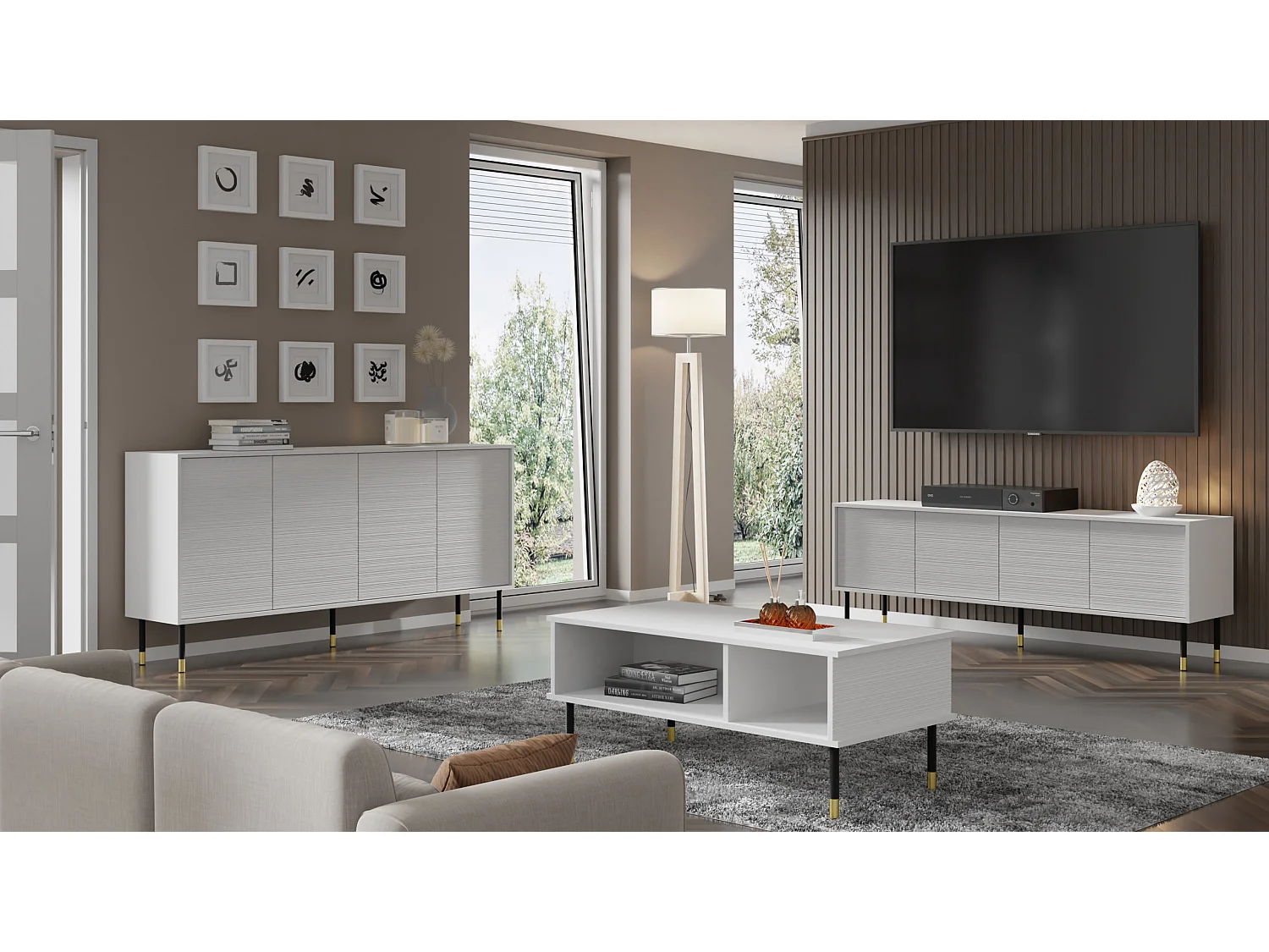 TV-Möbel SHERWOOD 4D 180 cm gefräst auf Beinen Weiß Matt