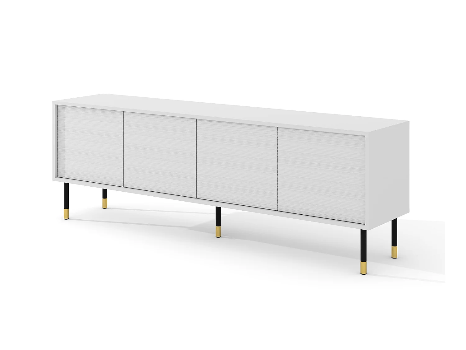 Meuble TV SHERWOOD 4D 180 cm fraisé sur pieds blanc mat