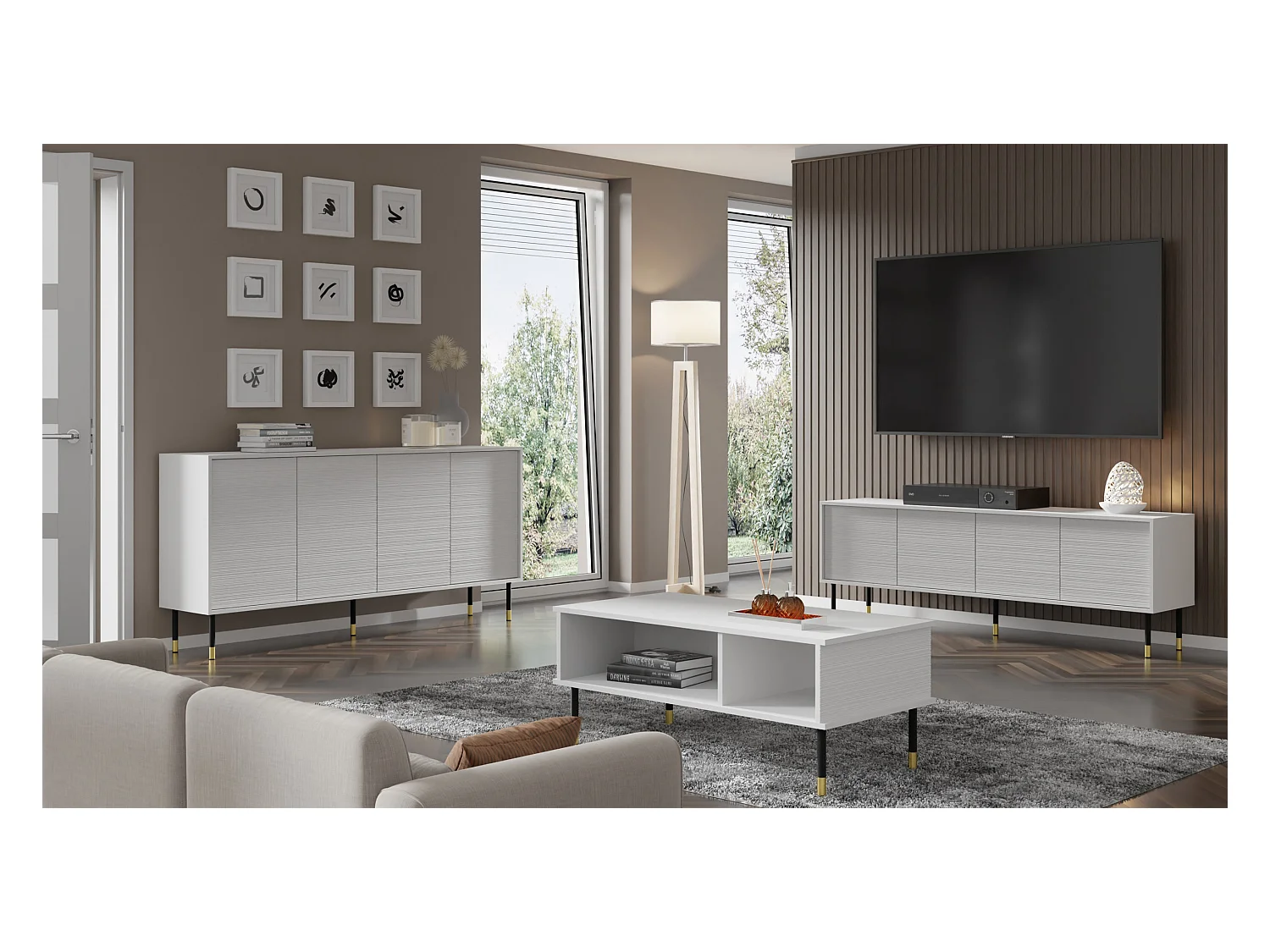 Mueble de TV SHERWOOD 4D 180 cm fresado sobre patas blanco mate