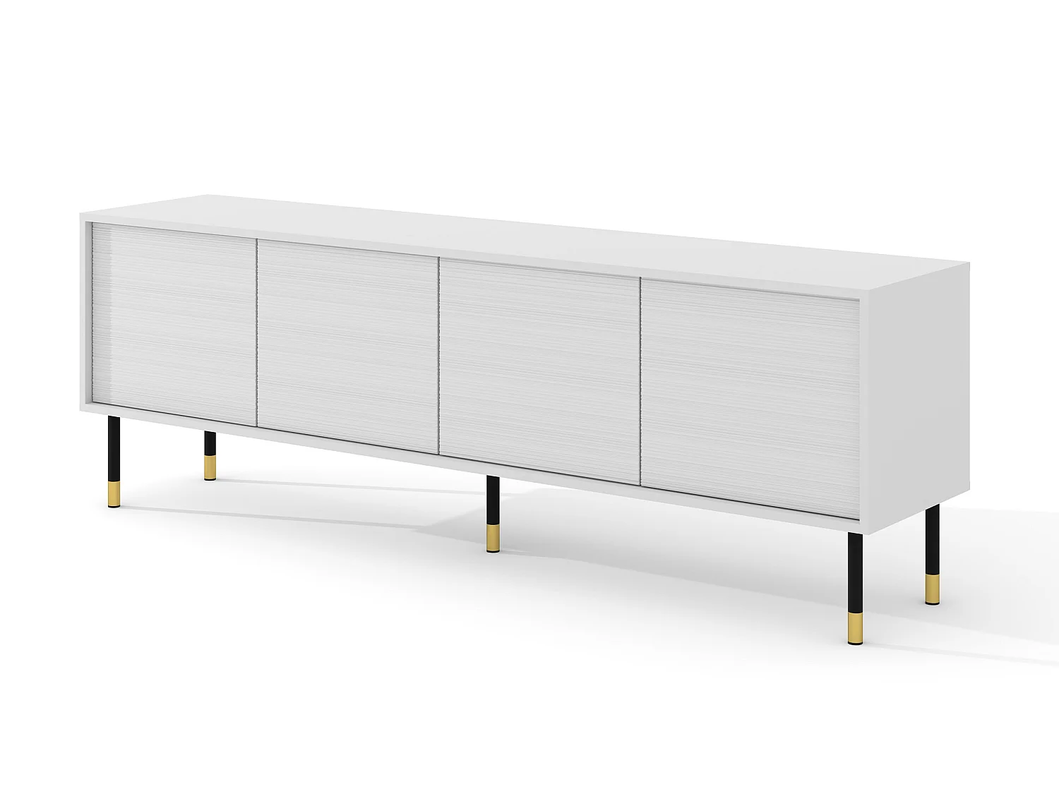 Meuble TV SHERWOOD 4D 180 cm fraisé sur pieds blanc mat