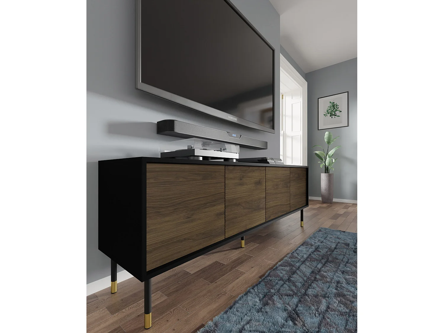 TV-meubel SHERWOOD 4D 180 cm gefreesd op poten mat zwart / catania-eik