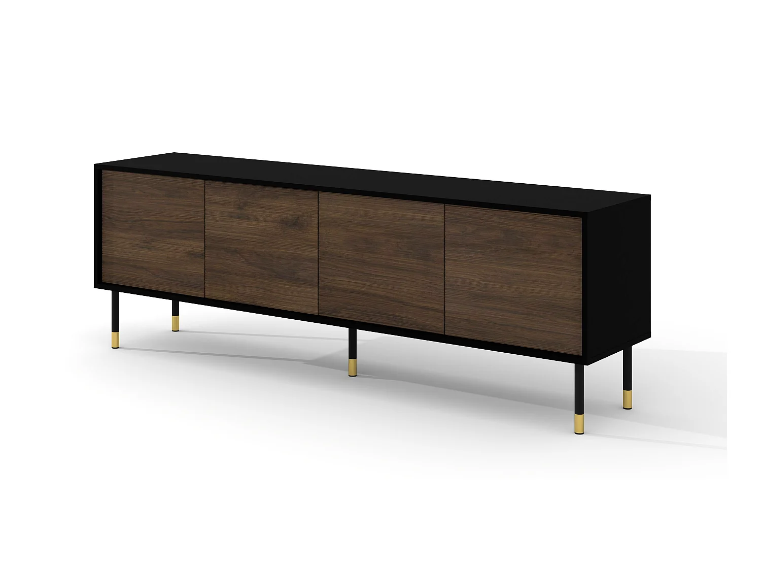 Meuble TV SHERWOOD 4D 180 cm fraisé sur pieds noir mat / chêne catania
