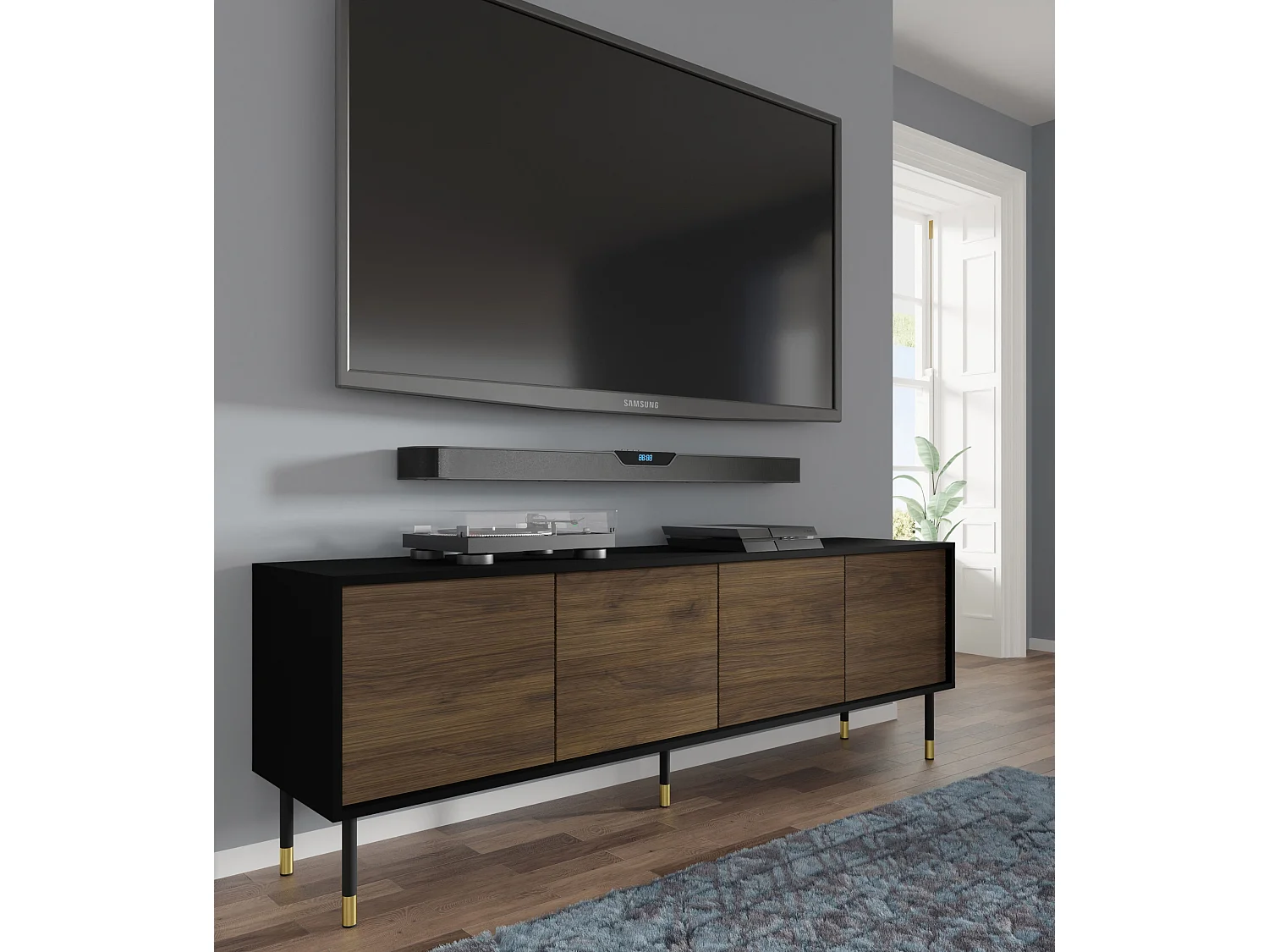 Meuble TV SHERWOOD 4D 180 cm fraisé sur pieds noir mat / chêne catania