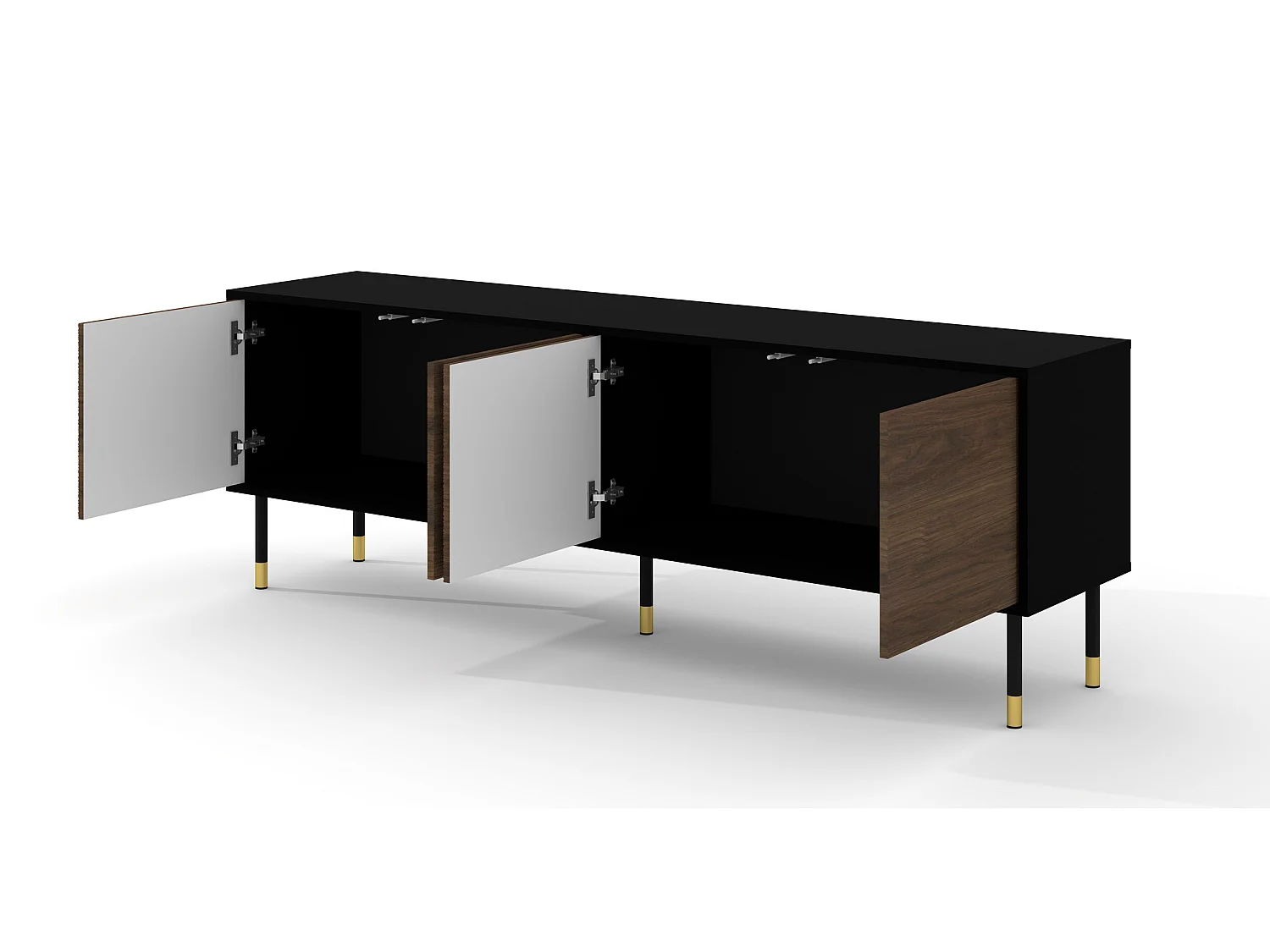 Meuble TV SHERWOOD 4D 180 cm fraisé sur pieds noir mat / chêne catania