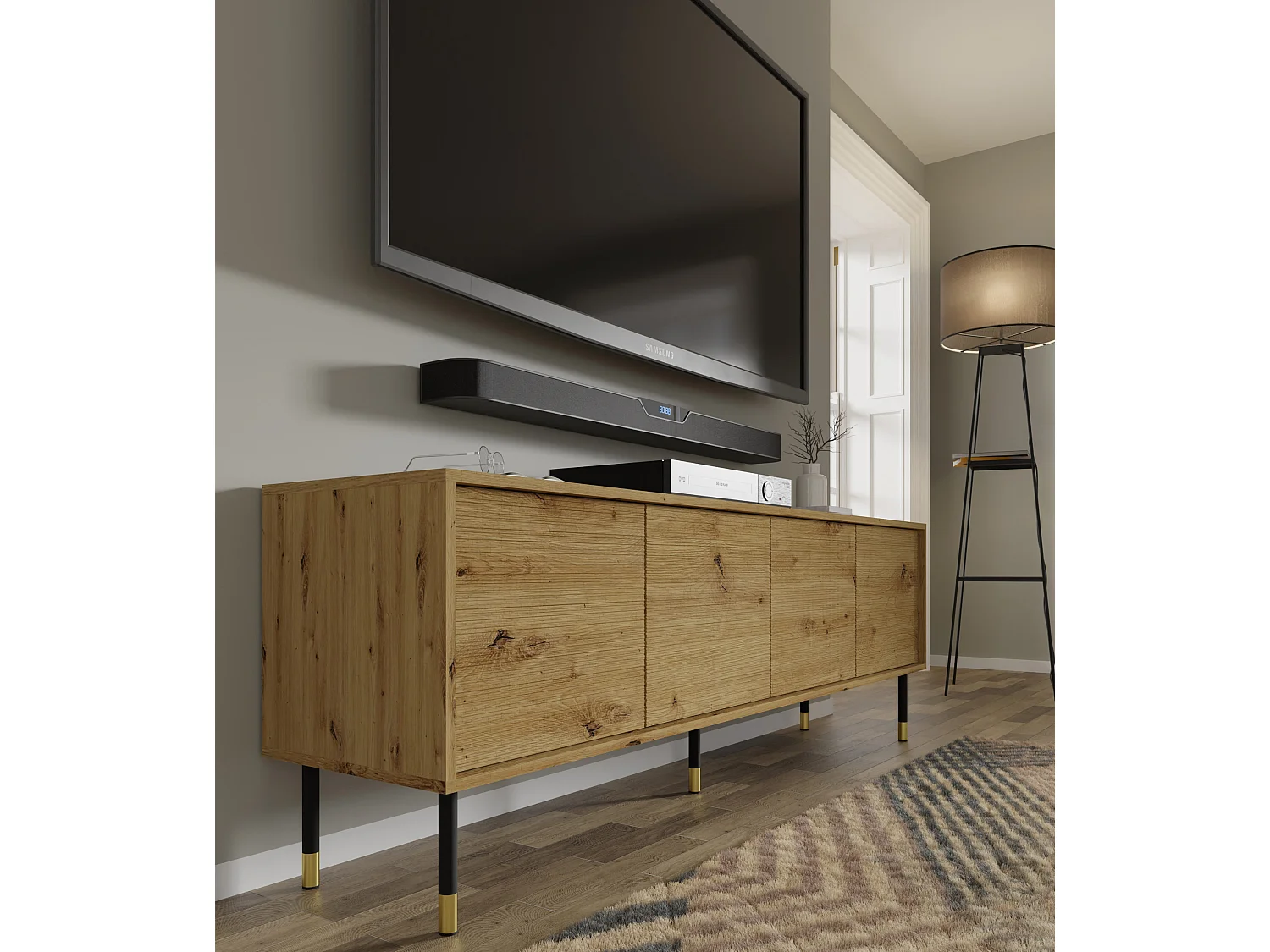 TV-meubel SHERWOOD 4D 180 cm gefreesd op poten artisanaal eiken