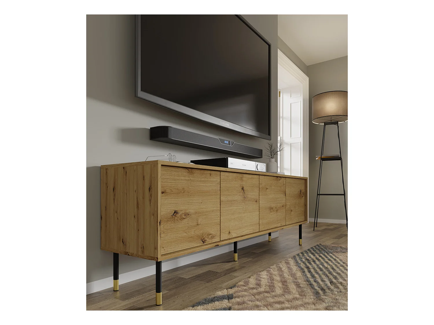 Mueble de TV SHERWOOD 4D 180 cm fresado sobre patas roble artesanal