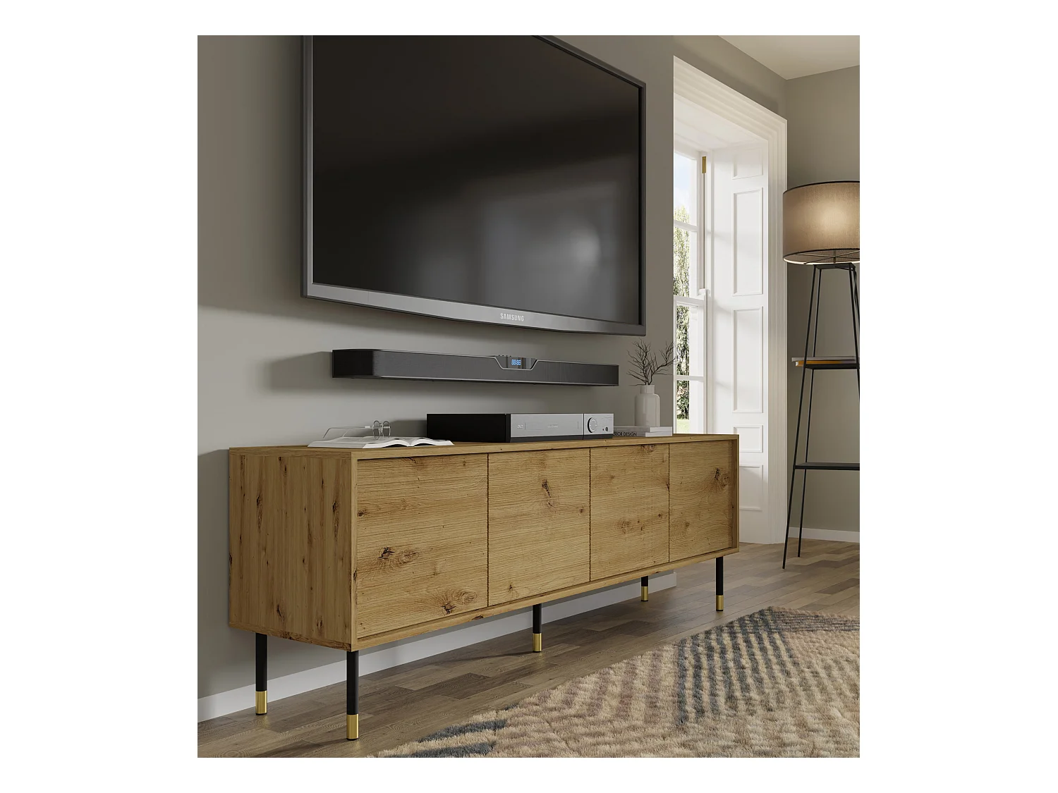 Mueble de TV SHERWOOD 4D 180 cm fresado sobre patas roble artesanal