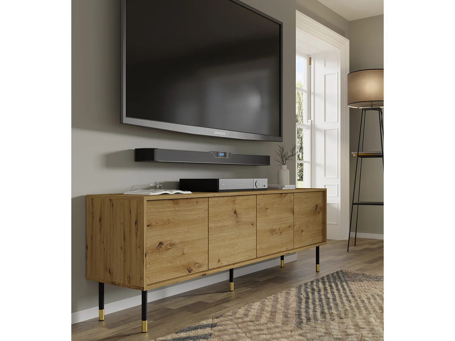 Meuble TV SHERWOOD 4D 180 cm fraisé sur pieds chêne artisan