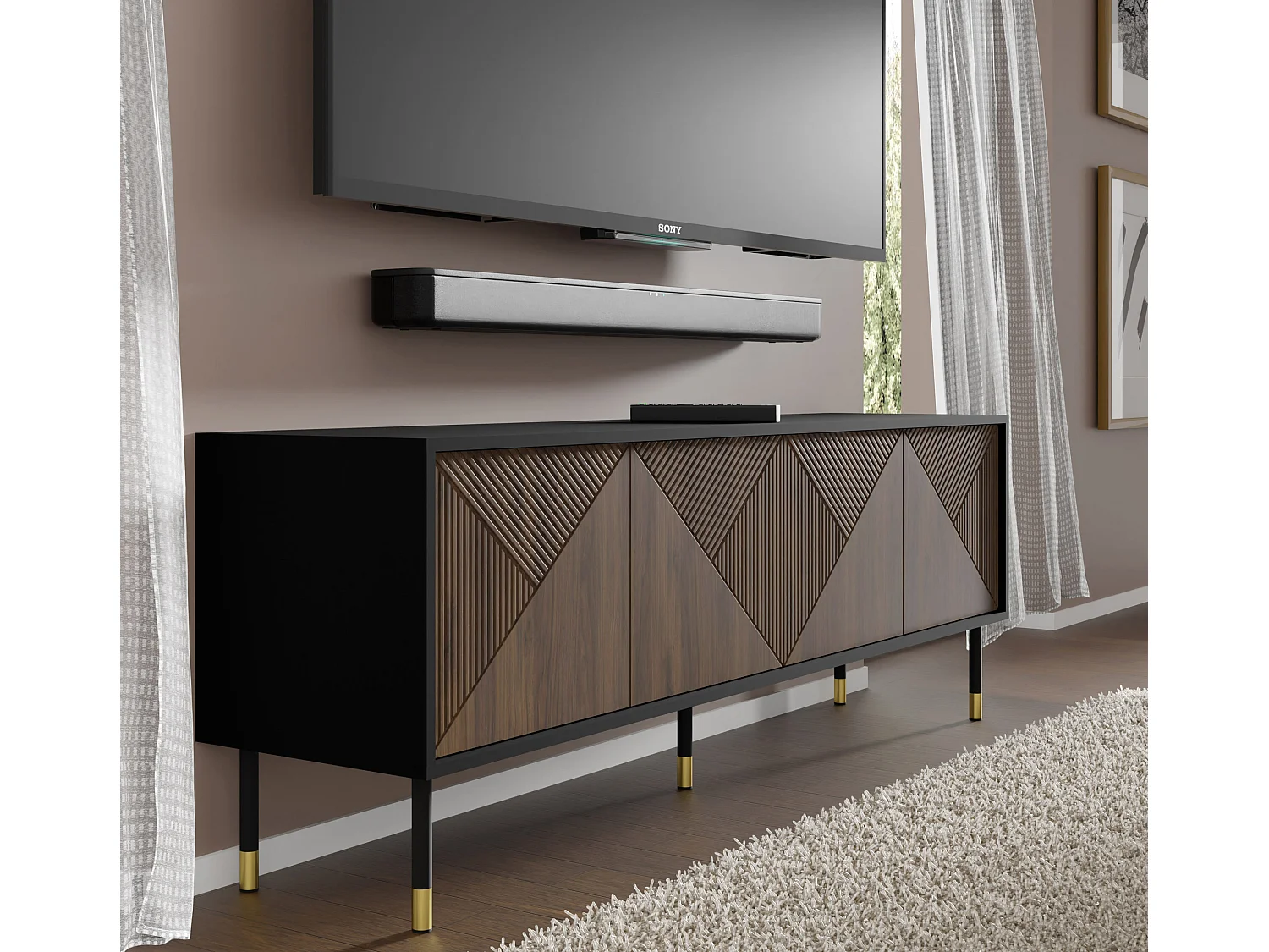 TV-Möbel WOODY IV 4D 180 cm gefräst auf Beinen Schwarz Matt / Catania Eiche