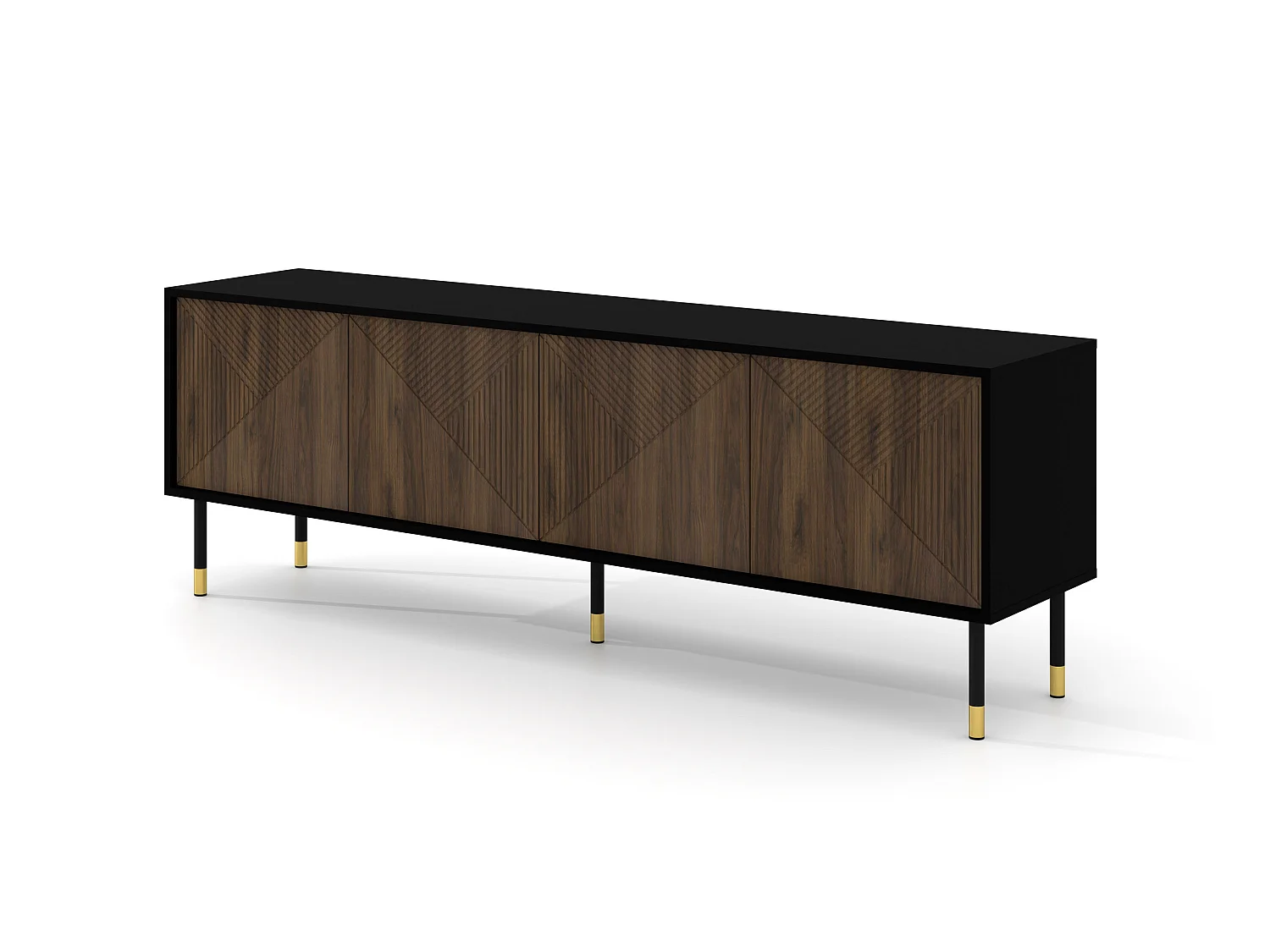 Meuble TV WOODY IV 4D 180 cm fraisé sur pieds noir mat / chêne catania
