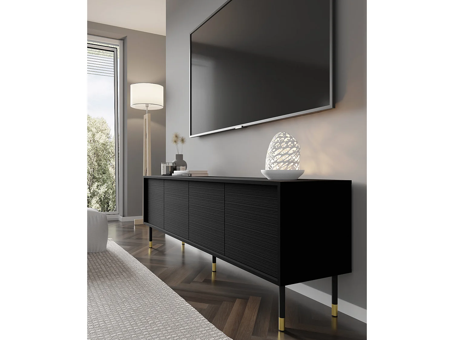 TV-Möbel SHERWOOD 4D 180 cm gefräst auf Beinen Schwarz Matt