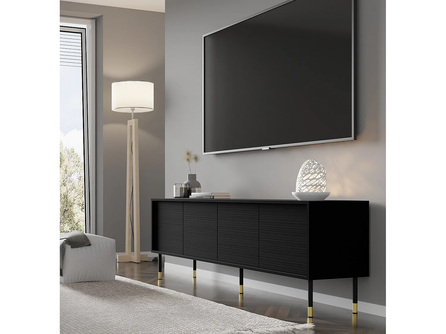 TV-Möbel SHERWOOD 4D 180 cm gefräst auf Beinen Schwarz Matt