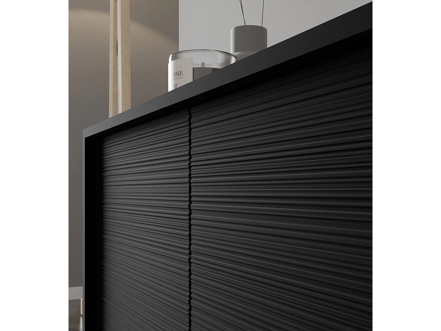 Meuble TV SHERWOOD 4D 180 cm fraisé sur pieds noir mat