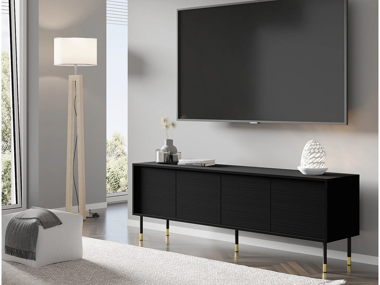 Meuble TV SHERWOOD 4D 180 cm fraisé sur pieds noir mat