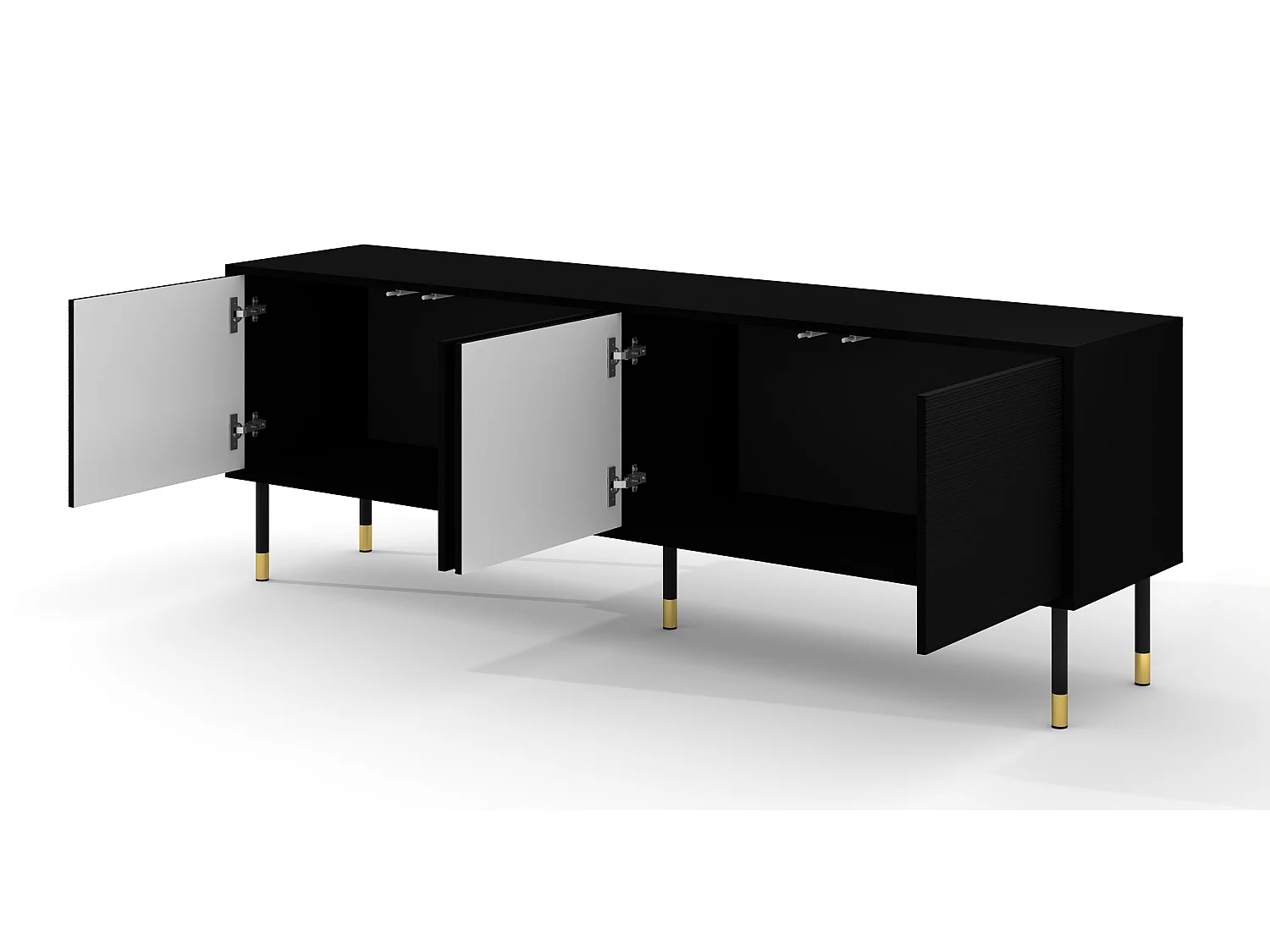 Meuble TV SHERWOOD 4D 180 cm fraisé sur pieds noir mat