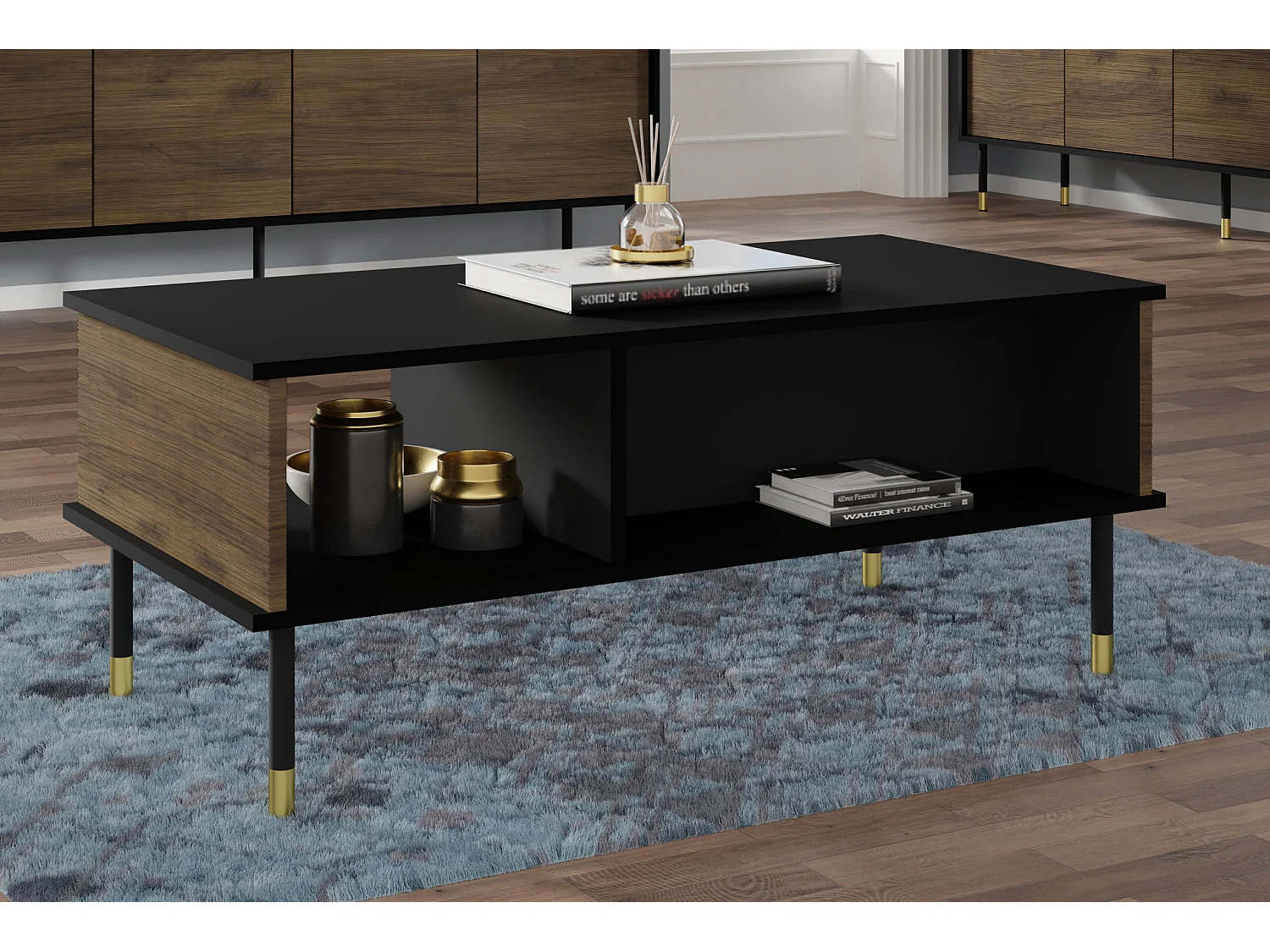 Couchtisch SHERWOOD 110x55 cm gefräst auf Beinen Schwarz Matt / Catania Eiche