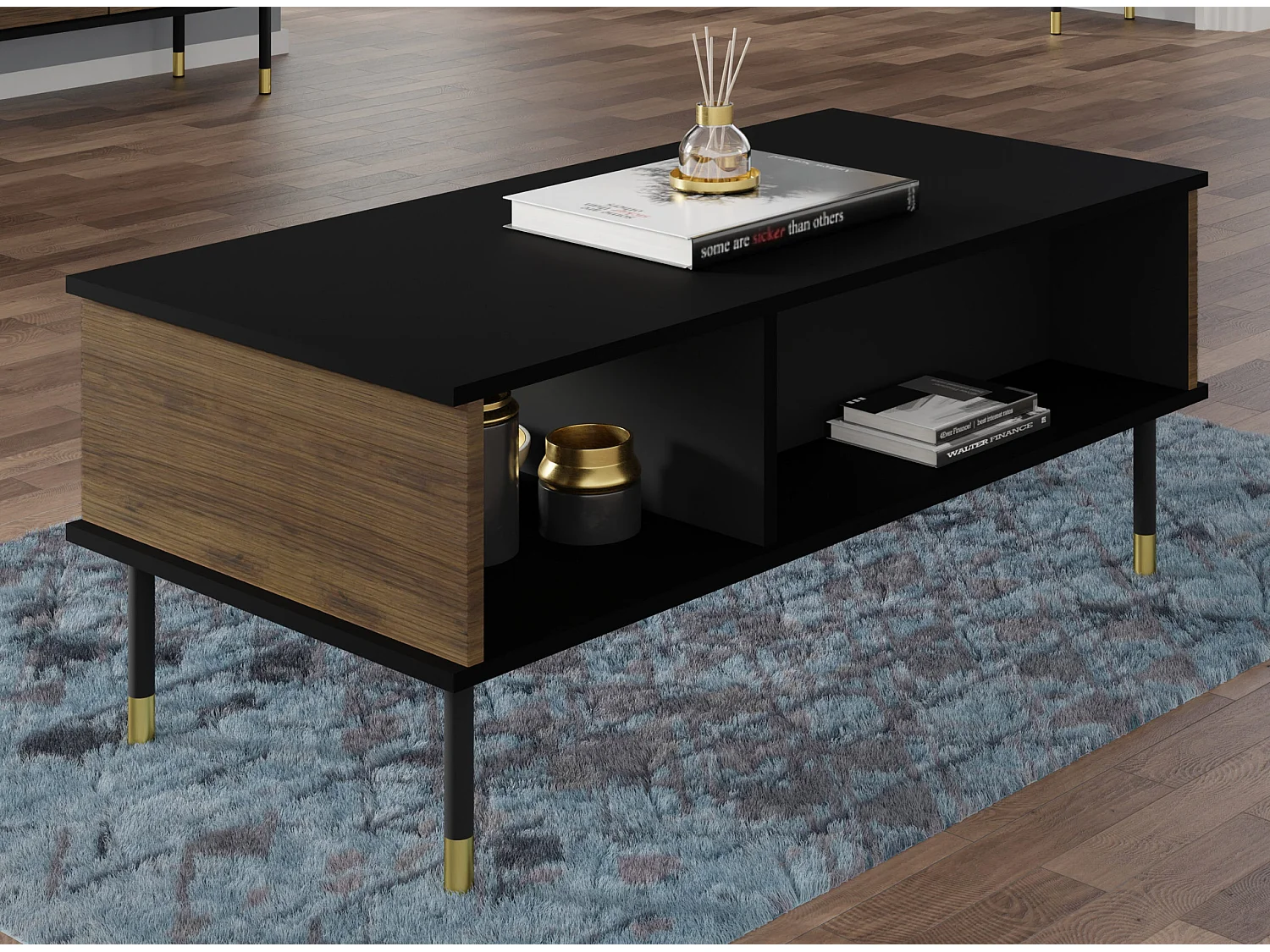 Couchtisch SHERWOOD 110x55 cm gefräst auf Beinen Schwarz Matt / Catania Eiche