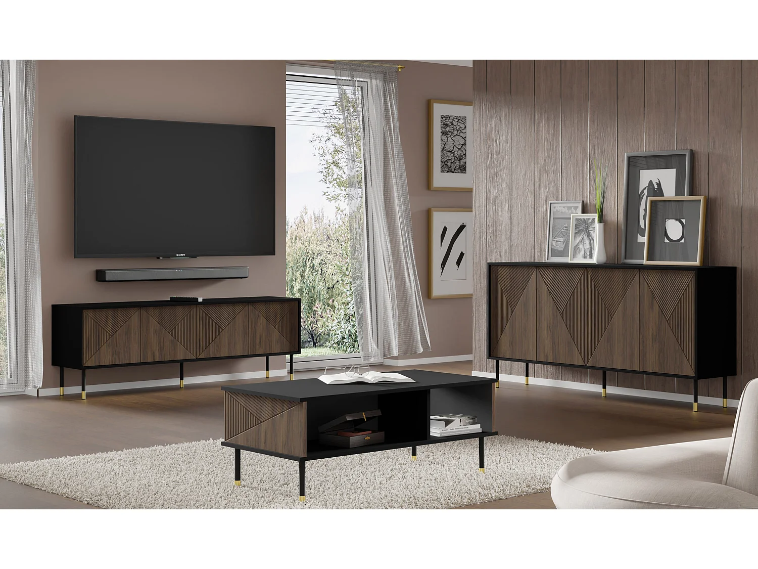 Couchtisch WOODY IV 110x55 cm gefräst auf Beinen Schwarz Matt / Catania Eiche