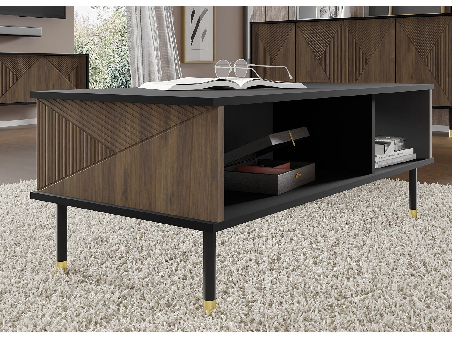 Couchtisch WOODY IV 110x55 cm gefräst auf Beinen Schwarz Matt / Catania Eiche