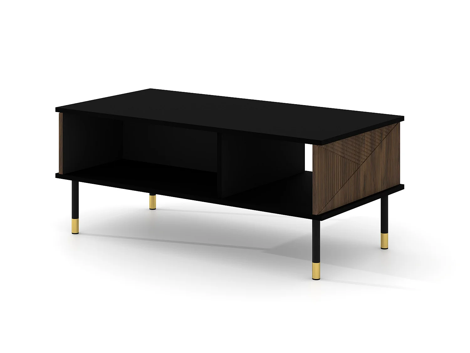 Table basse WOODY IV 110x55 cm fraisée sur pieds noir mat / chêne catania