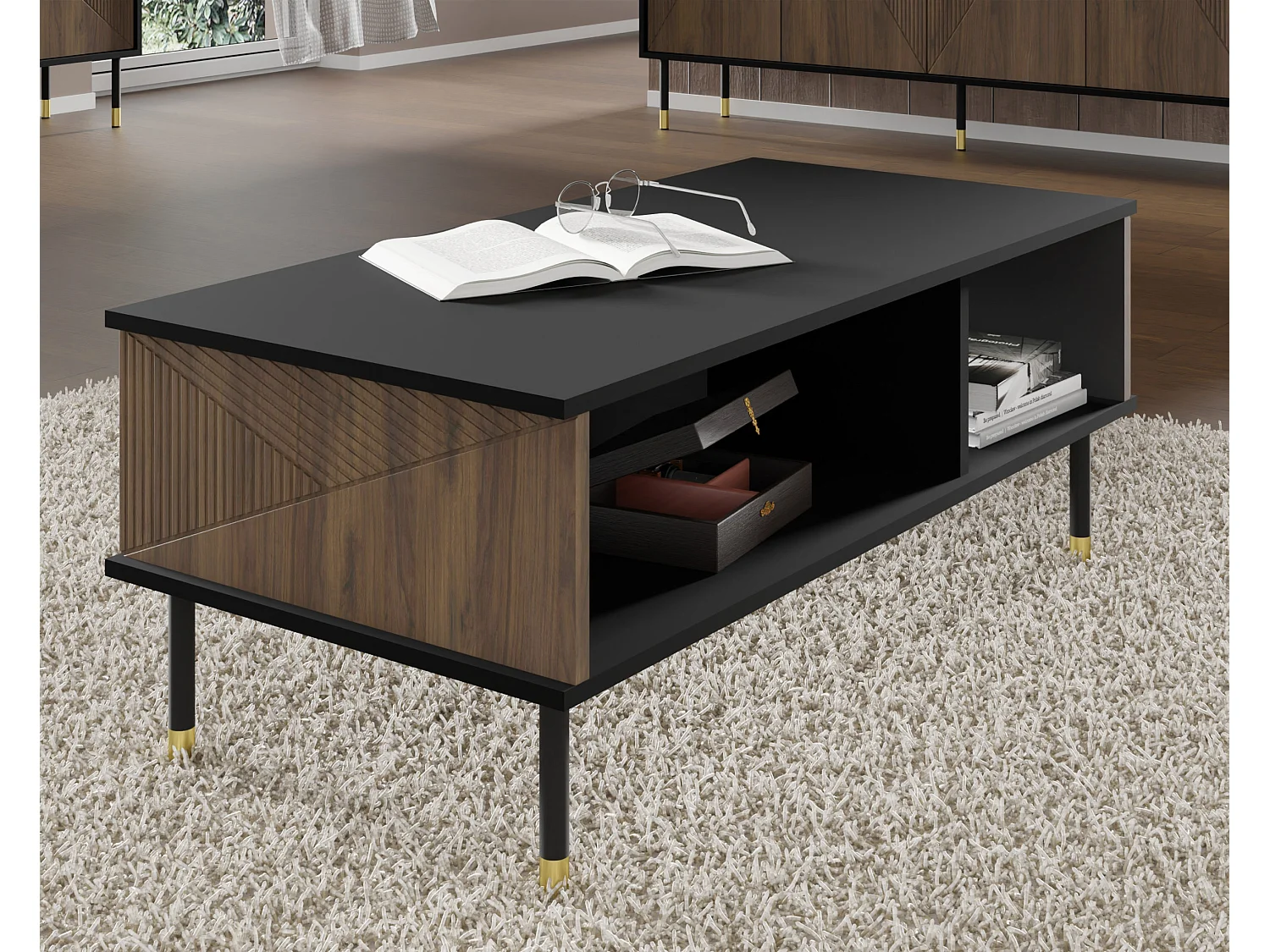 Table basse WOODY IV 110x55 cm fraisée sur pieds noir mat / chêne catania