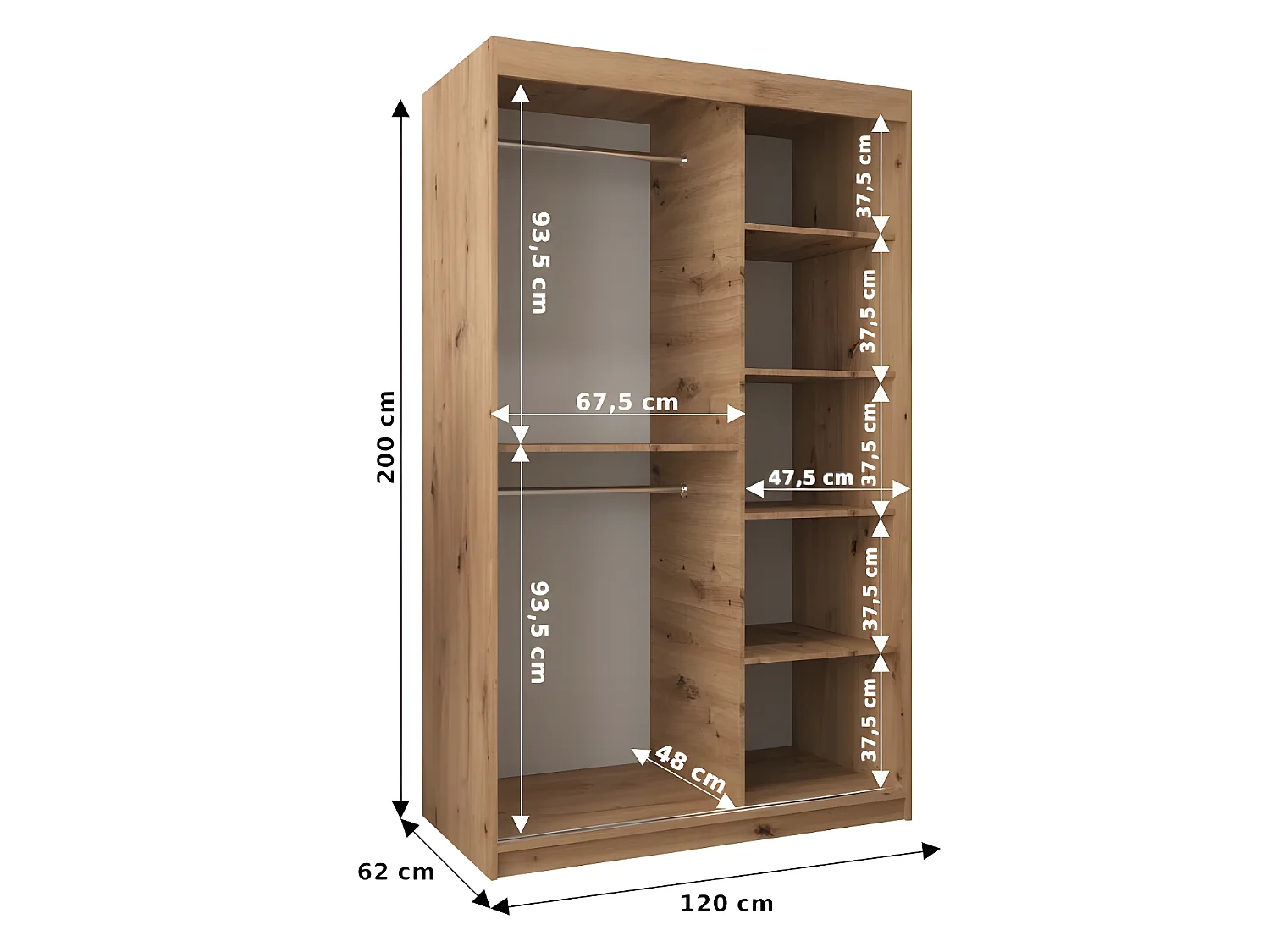 Armoire 2 portes coulissantes Tokyo 120x200 cm Noir  - Blanc