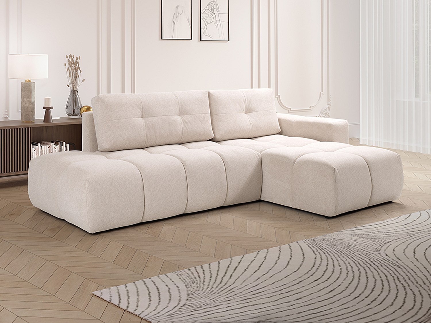 Sjeselong med sovesofa i teksturert beige stoff TRIMALDI, høyrevendt