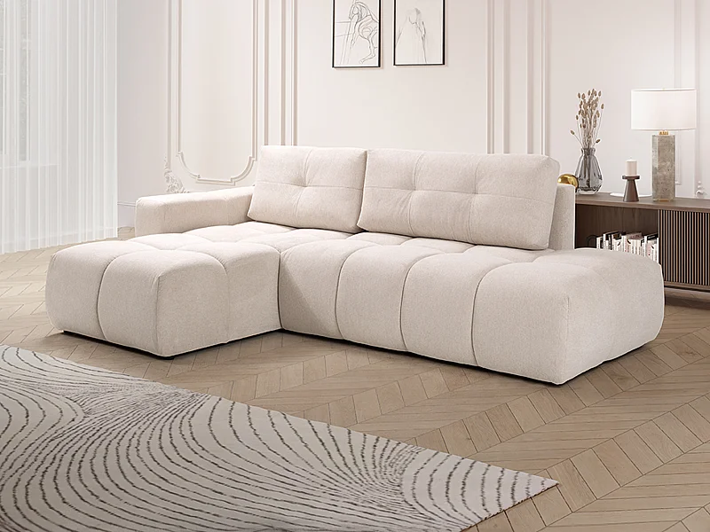 Canapé d'angle gauche convertible en tissu texturé beige TRIMALDI