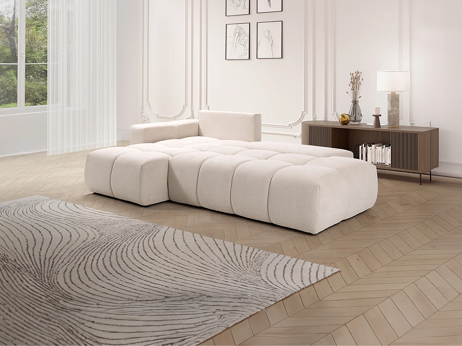 Vänsterställd bäddsoffa med texturerat beige tyg TRIMALDI