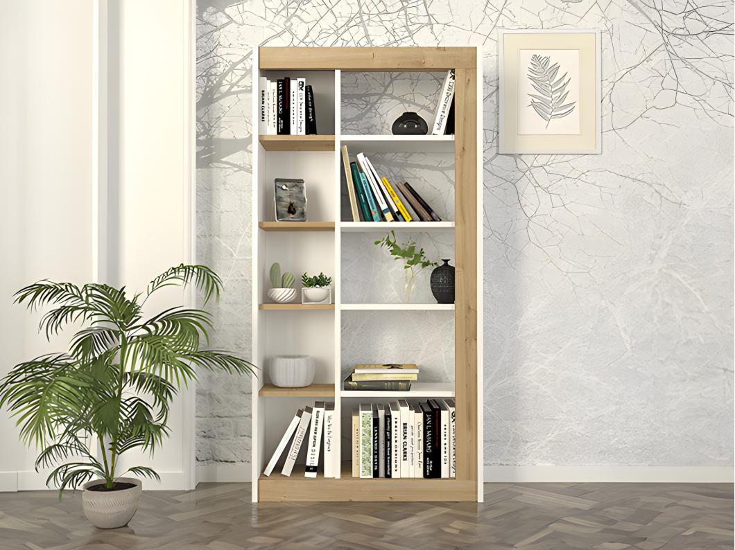 Bibliothèque avec 10 niches - Naturel clair et Blanc - SILOMAI