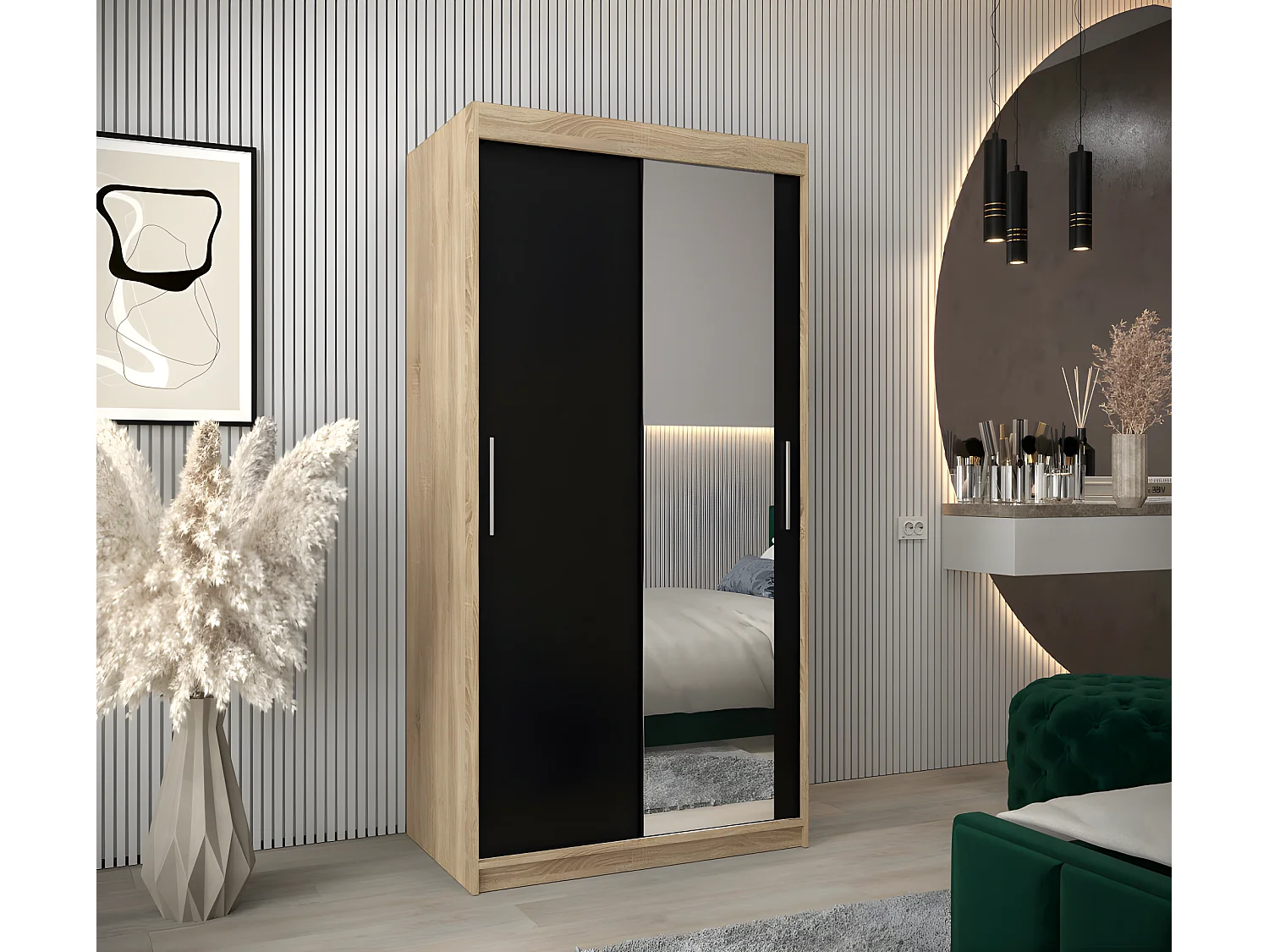 Armoire 2 portes coulissantes Tokyo 2 100x200 cm avec miroir Pin - Noir