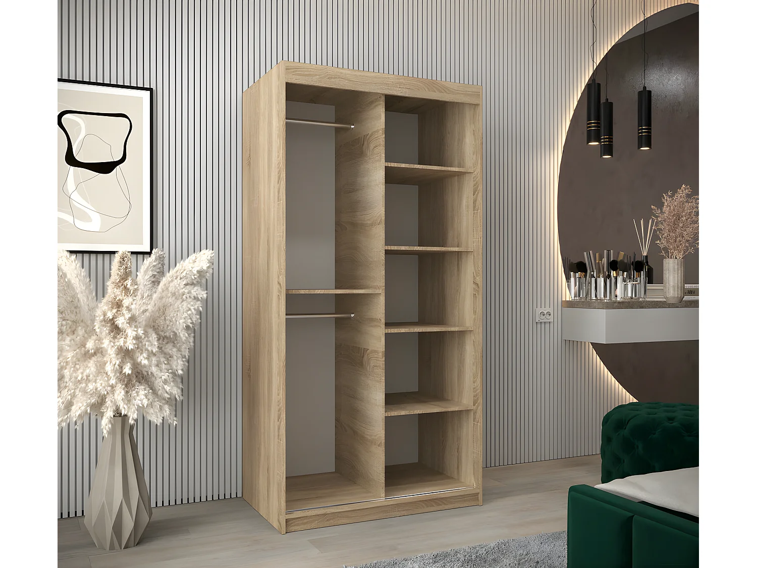 Armoire 2 portes coulissantes Tokyo 2 100x200 cm avec miroir Pin - Noir