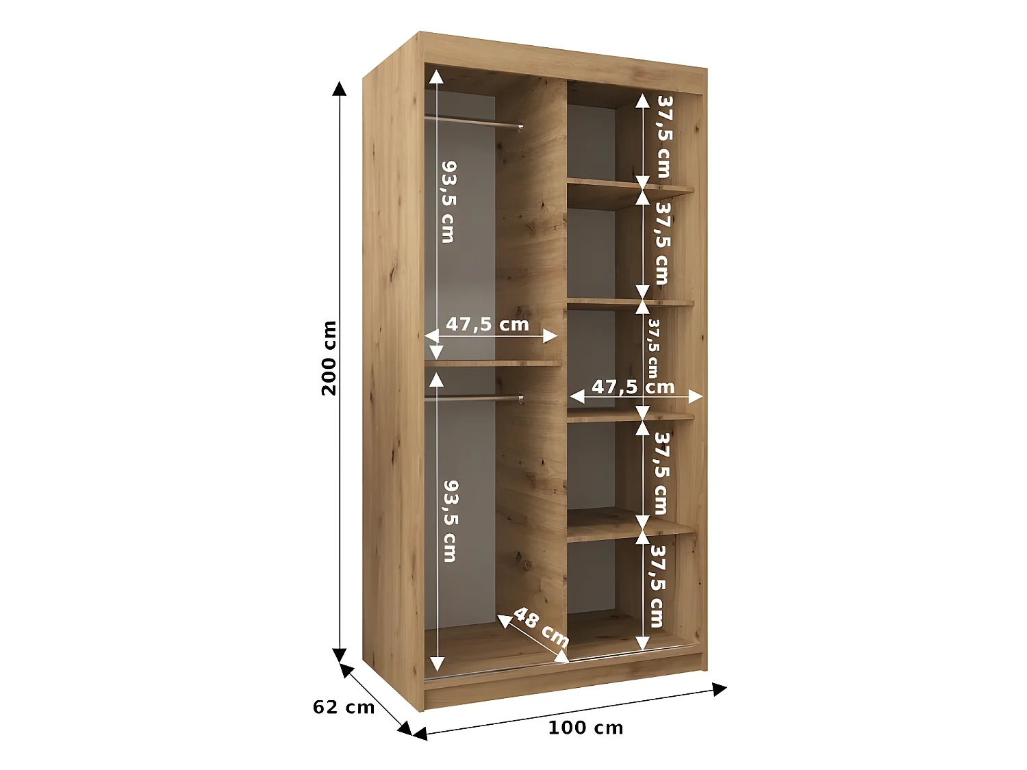 Armoire 2 portes coulissantes Tokyo 2 100x200 cm avec miroir Pin - Noir