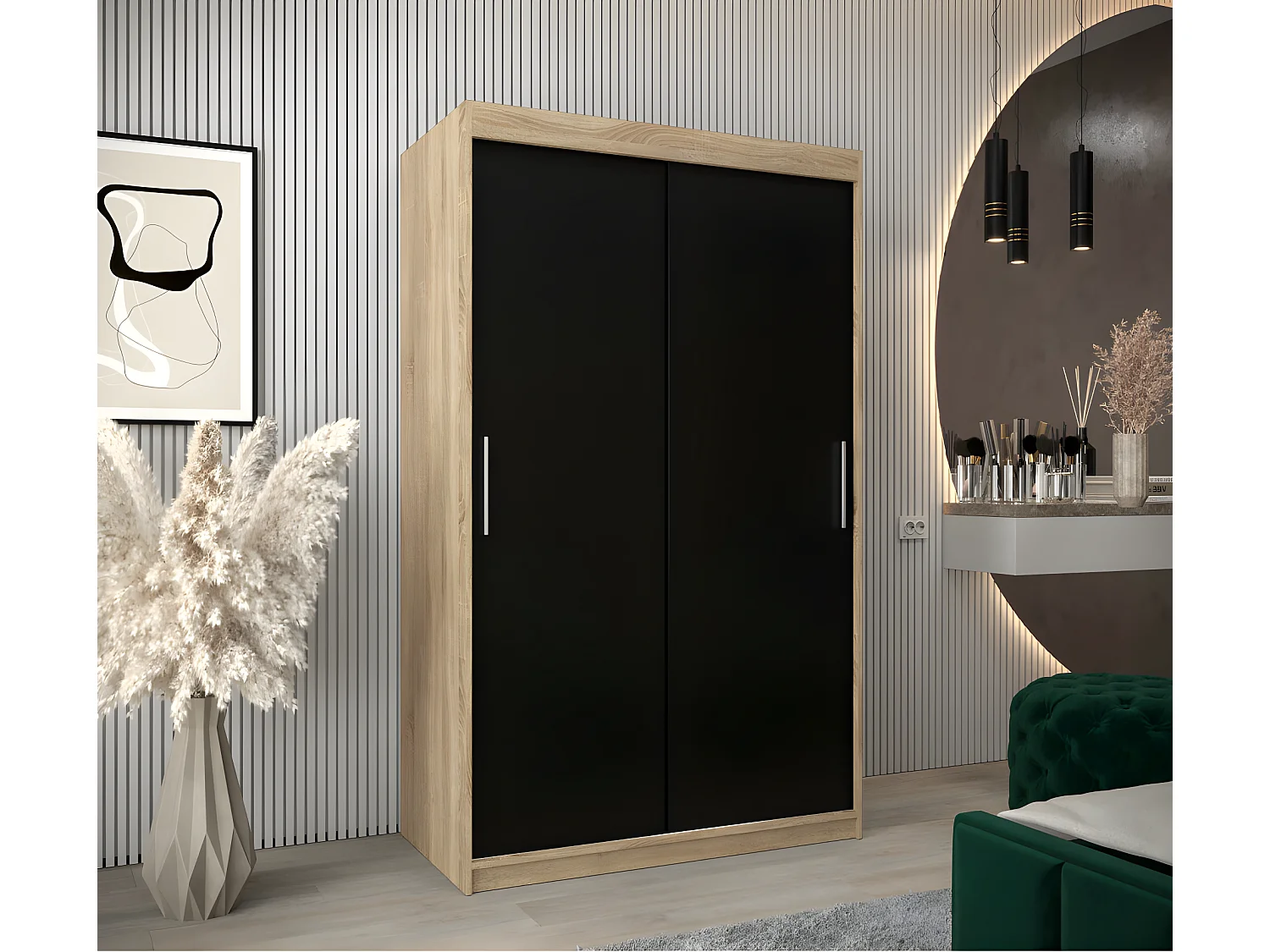 Armoire 2 portes coulissantes Tokyo 120x200 cm Pin - Noir