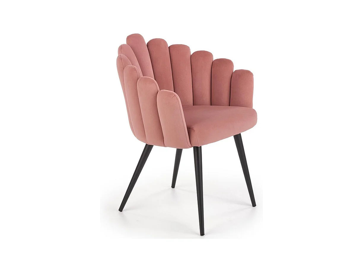 Silla de concha de diseño en terciopelo rosa con patas de acero negro Amboise