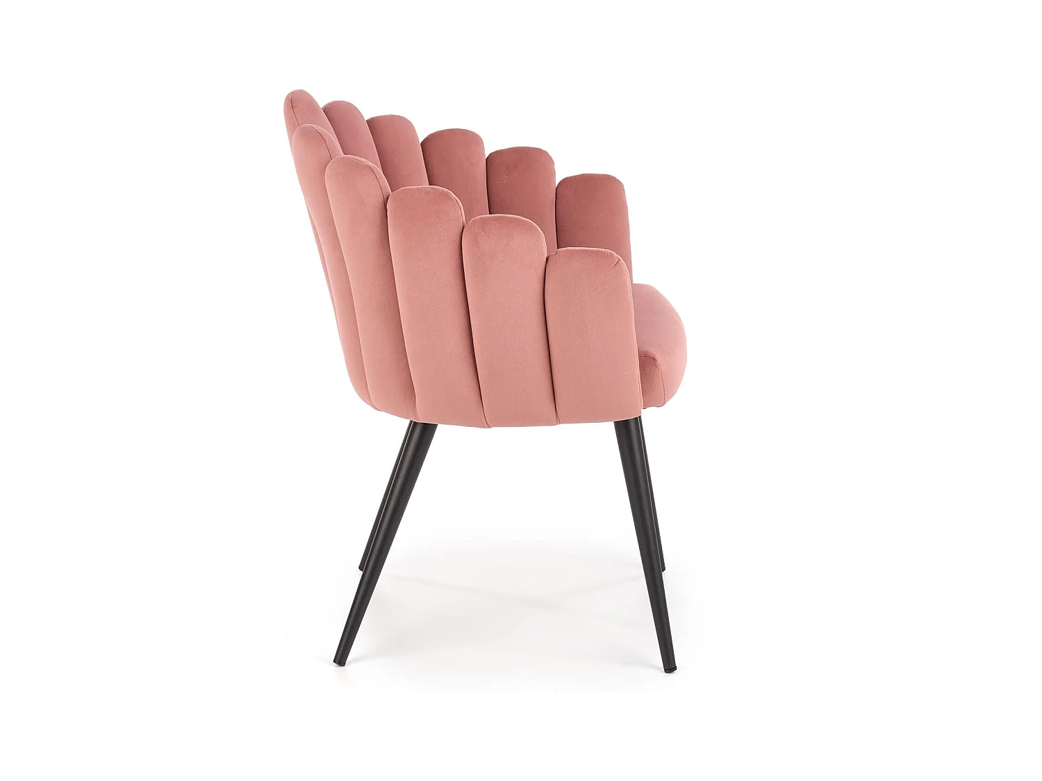 Silla de concha de diseño en terciopelo rosa con patas de acero negro Amboise