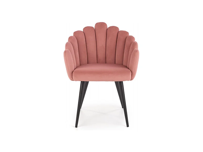 Silla de concha de diseño en terciopelo rosa con patas de acero negro Amboise