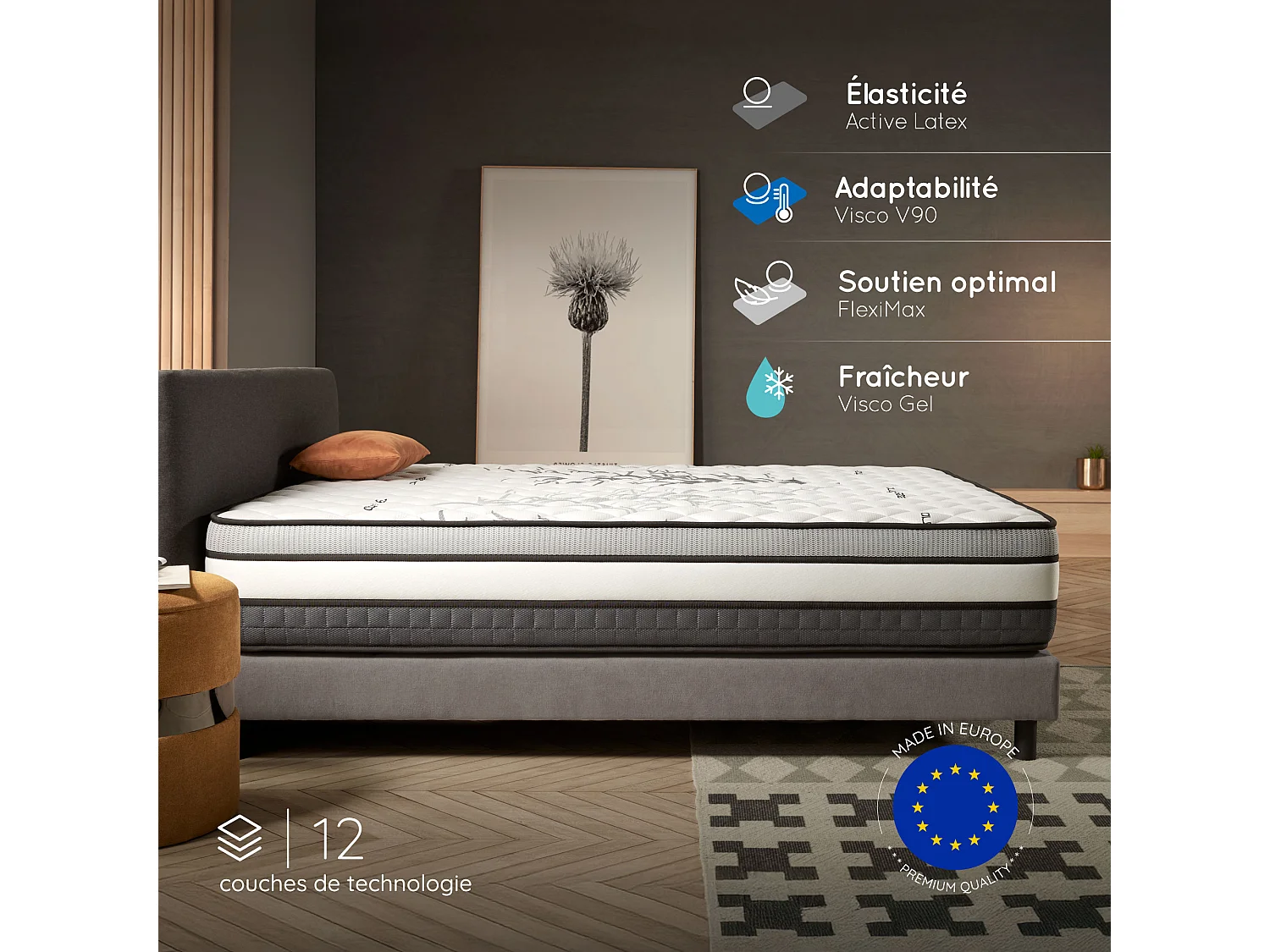 Cosmos - Matelas Solar 135x190 cm - Mousse à mémoire de forme HR - Soutien Blue Latex - Très Épais 30 cm, 7 Zones de confort, Thermorégulateur - Ergonomique
