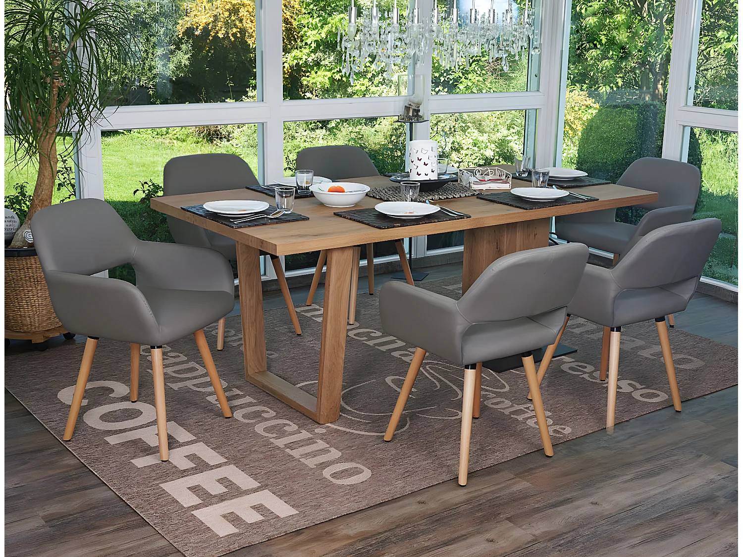 Eetkamerstoel MCW-A50 II (set van 6),  kunstleer, taupe-grijs, lichte poten