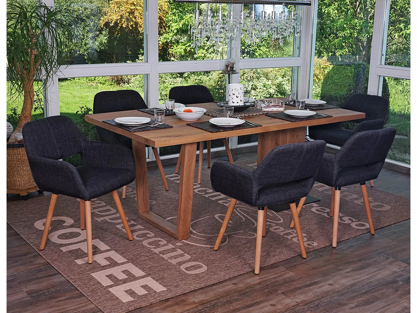Silla de comedor MCW-A50 II (juego de 6),  textil, gris oscuro, patas claras