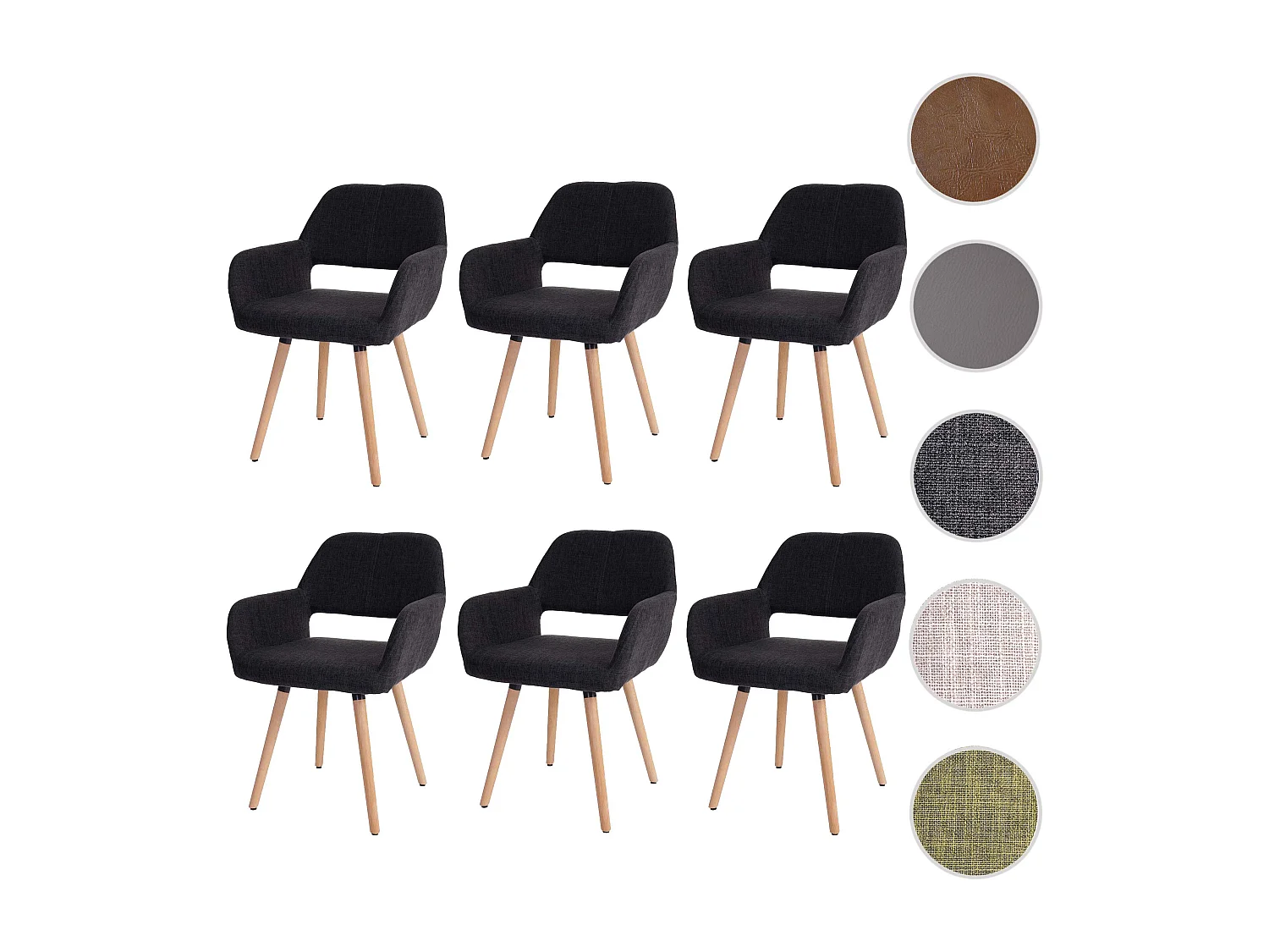 Silla de comedor MCW-A50 II (juego de 6),  textil, gris oscuro, patas claras