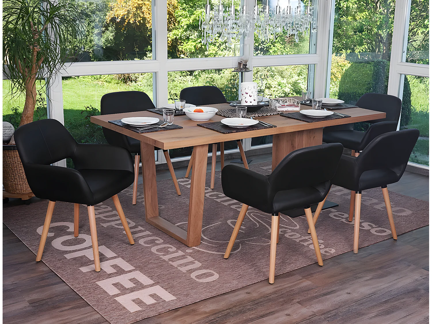 Eetkamerstoel MCW-A50 II (set van 6),  kunstleer, zwart, lichtgekleurde poten