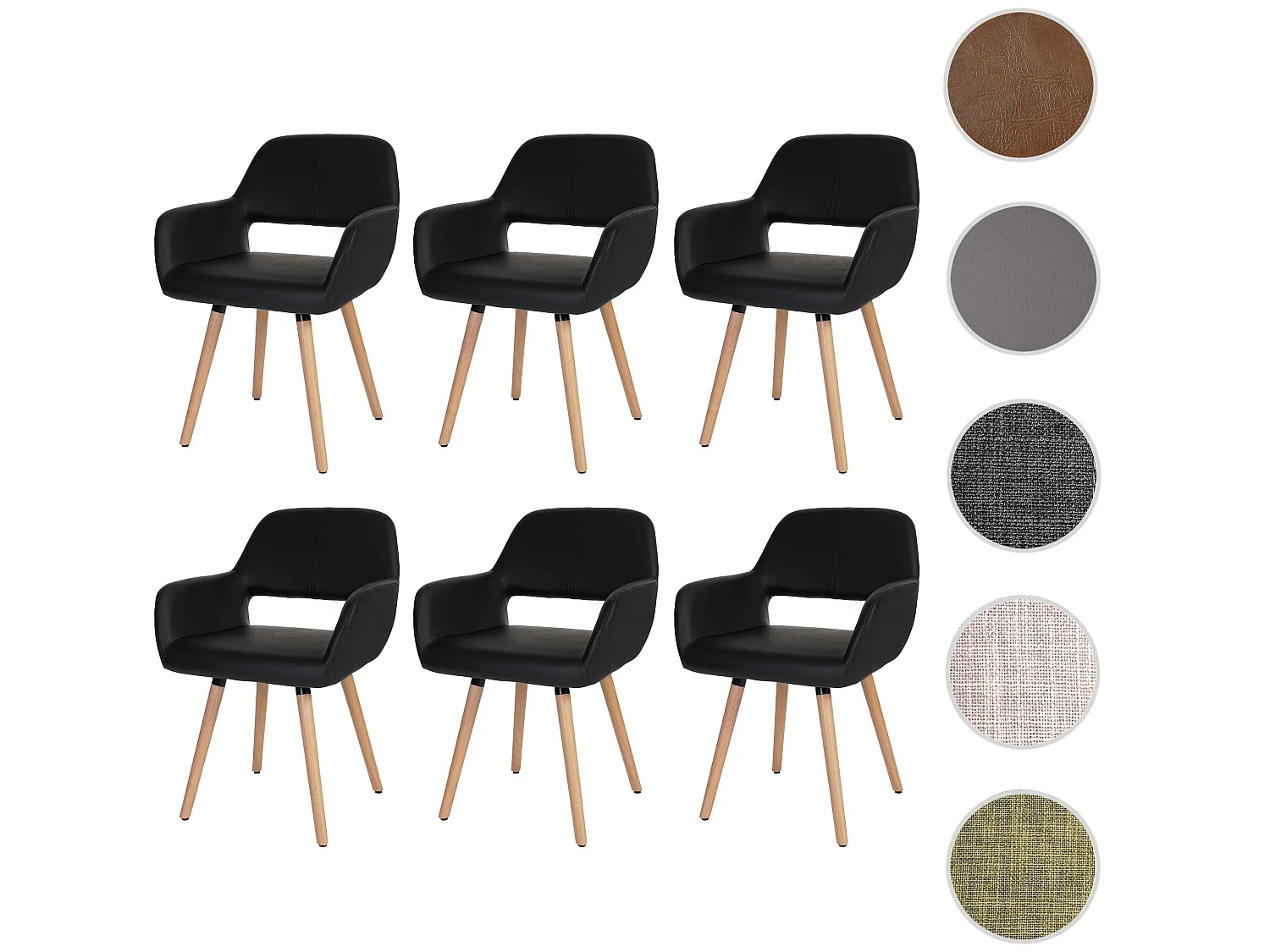 Eetkamerstoel MCW-A50 II (set van 6),  kunstleer, zwart, lichtgekleurde poten